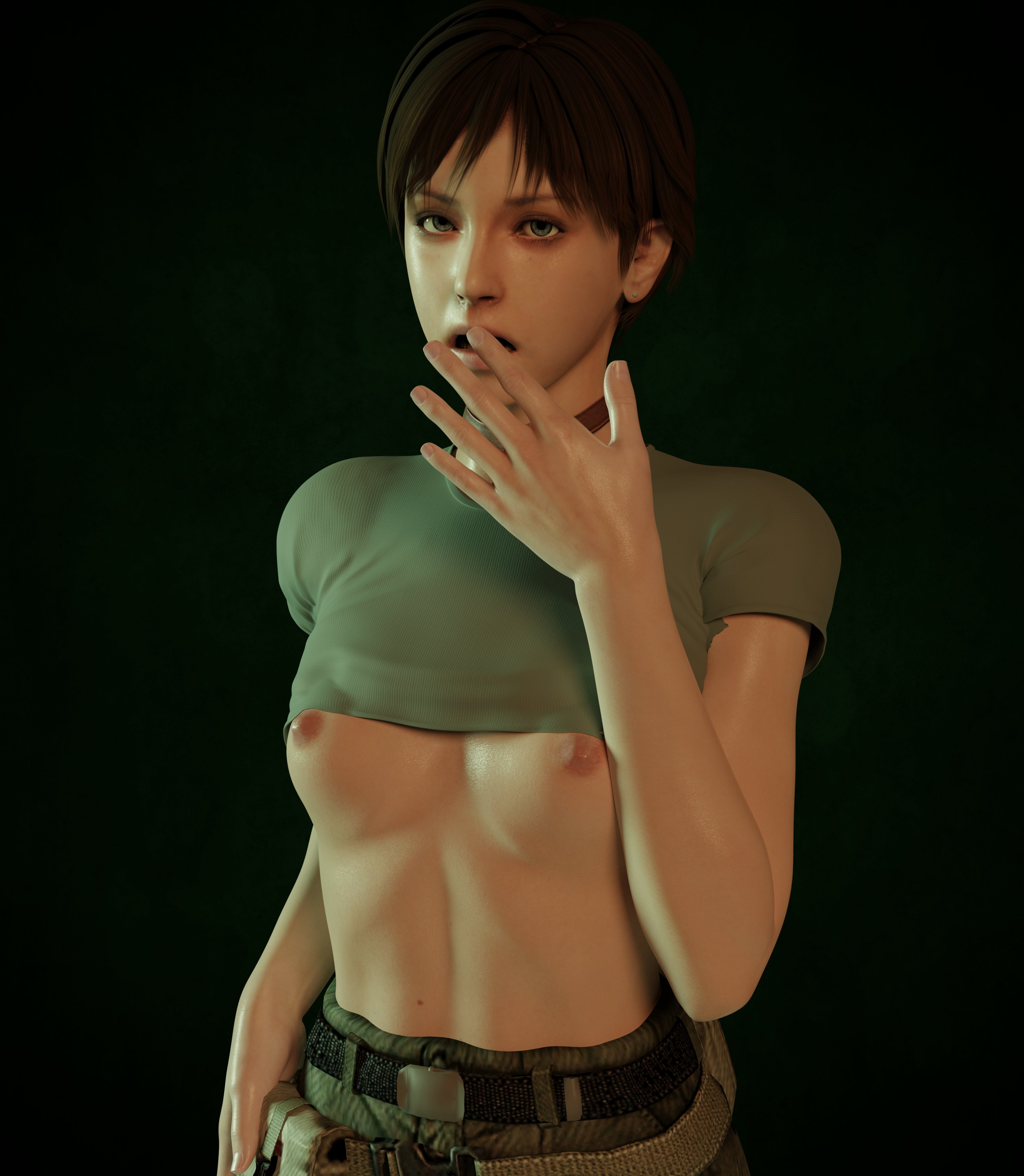 1girls, 3d, 3d (artwork), alicecry, breasts, breasts out, brown hair, capcom, choker, exposed, exposed breasts, female, female only, human, light skin, light-skinned female, nipples, no bra, rebecca chambers, resident evil, shirt, shirt up, short hair, small breasts, solo, straight hair, tomboy, upper body, video game character
