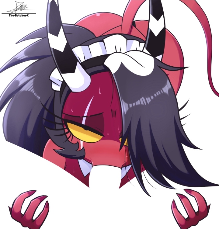 1boy, 1futa, 2026, 2d, 3 fingers, black and white horns, black hair, black panties, blowjob, blowjob face, demon, demon girl, fellatio, futa, futanari, futasub, hair between eyes, hair over one eye, hand on leg, hands on legs, helluva boss, holding legs, horn, imp, looking at viewer, maid, maid headdress, male, male human/female demon, male on futa, negative space oral (meme), no ai, panties, partial male, pov, red body, sallie may (helluva boss), spindlehorse toons, submissive futa, sweat, sweating futa, tail, the-butch-x, trans woman, trans woman (lore), transfem, twitter link, two-tone horn, vivienne medrano, white background, white body