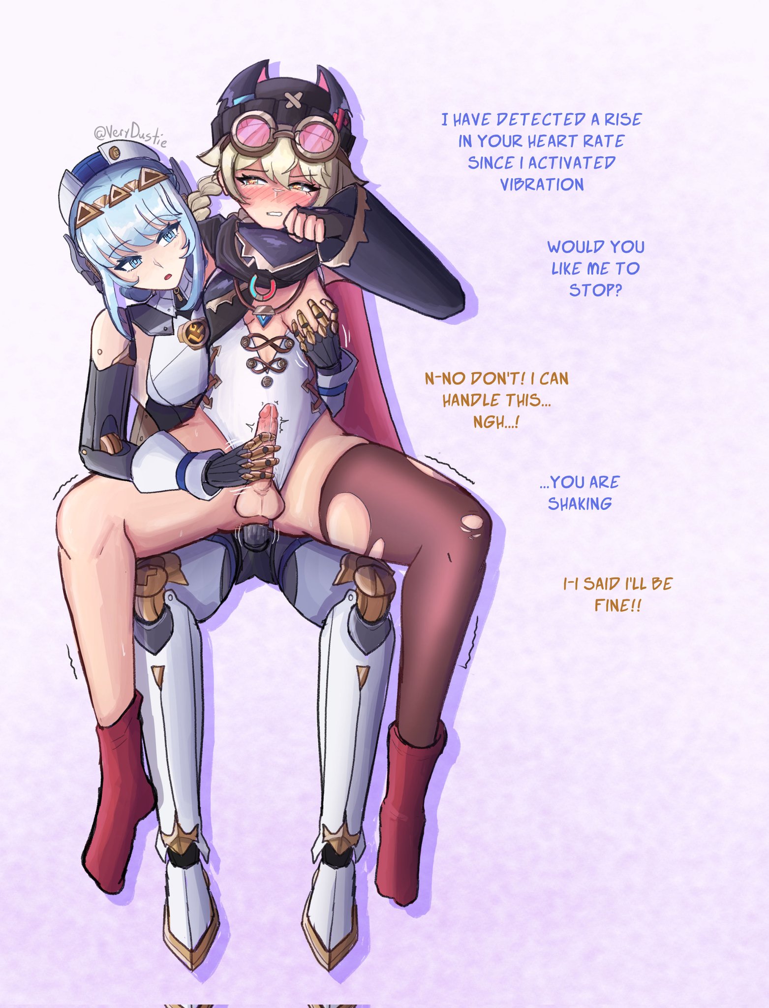 2futas, anal, anal penetration, anal sex, blonde hair, dialogue, from behind, futa on futa, futanari, genshin impact, groping breasts, handjob, hoyoverse, ineffa (genshin impact), jahoda (genshin impact), mihoyo, pigtails, reach-around, text, verydustie