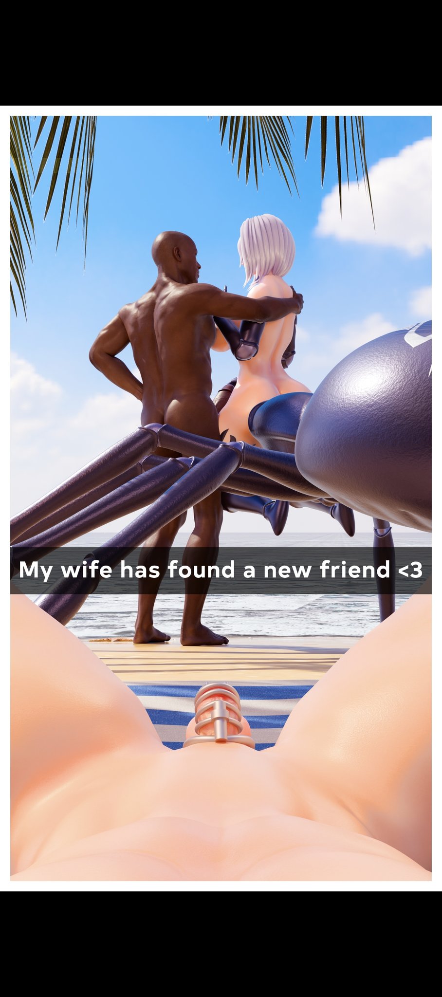 1girls, 2boys, 3d, arachnid, arthropod girl, bald, bald male, beach, big cock, big penis, caption, chastity cage, cheating wife, cucked into chastity, cuckold, cuckold pov, dark skin, dark-skinned male, english, english text, hand on another's shoulder, hand on penis, interracial, light-skinned male, monster girl, monster musume no iru nichijou, naked male, netorare, netorase, novabartistia, penis size difference, pov, purple hair, rachnera arachnera, short hair, short hair female, shoulders, small penis, small penis humiliation, spider girl