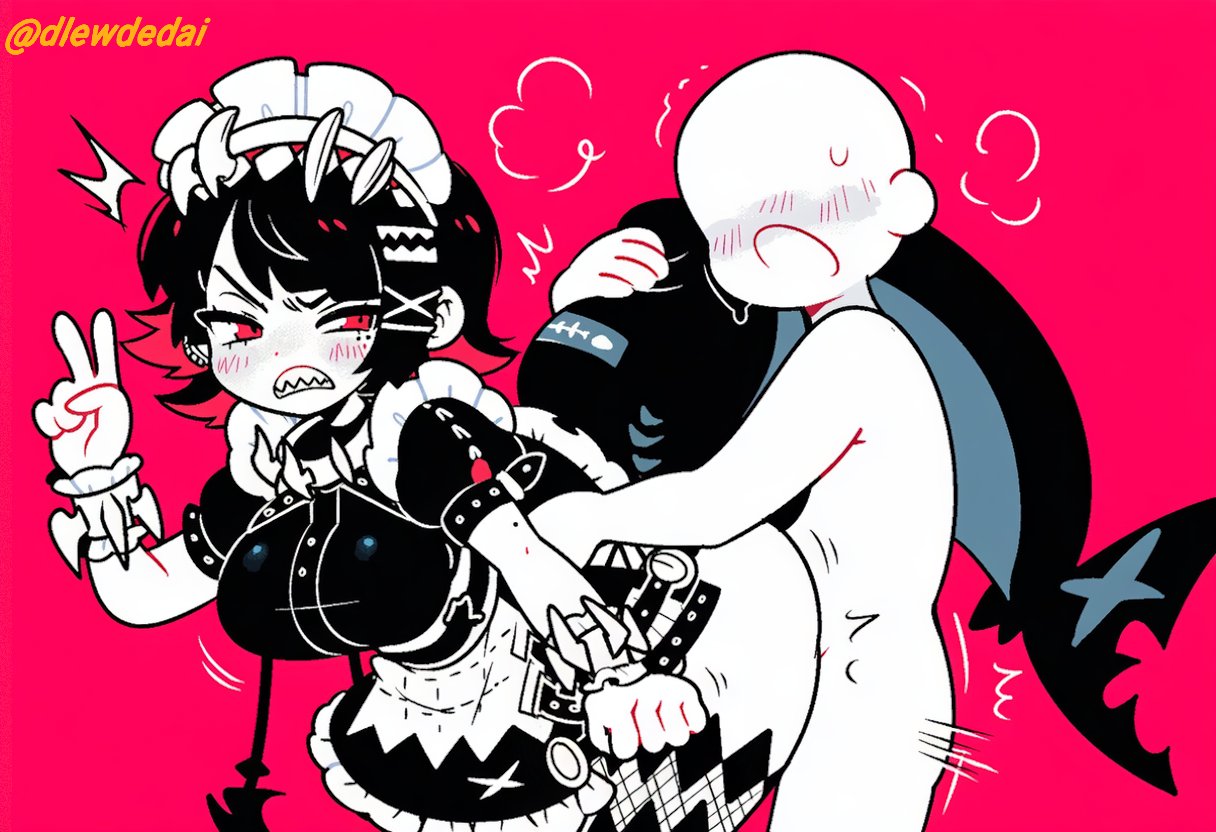 1boy, 1girls, ai assisted, annoyed, dlewdedai, ellen joe, faceless male, female, from behind, peace sign, shark girl, shark tail, sharp teeth, zenless zone zero