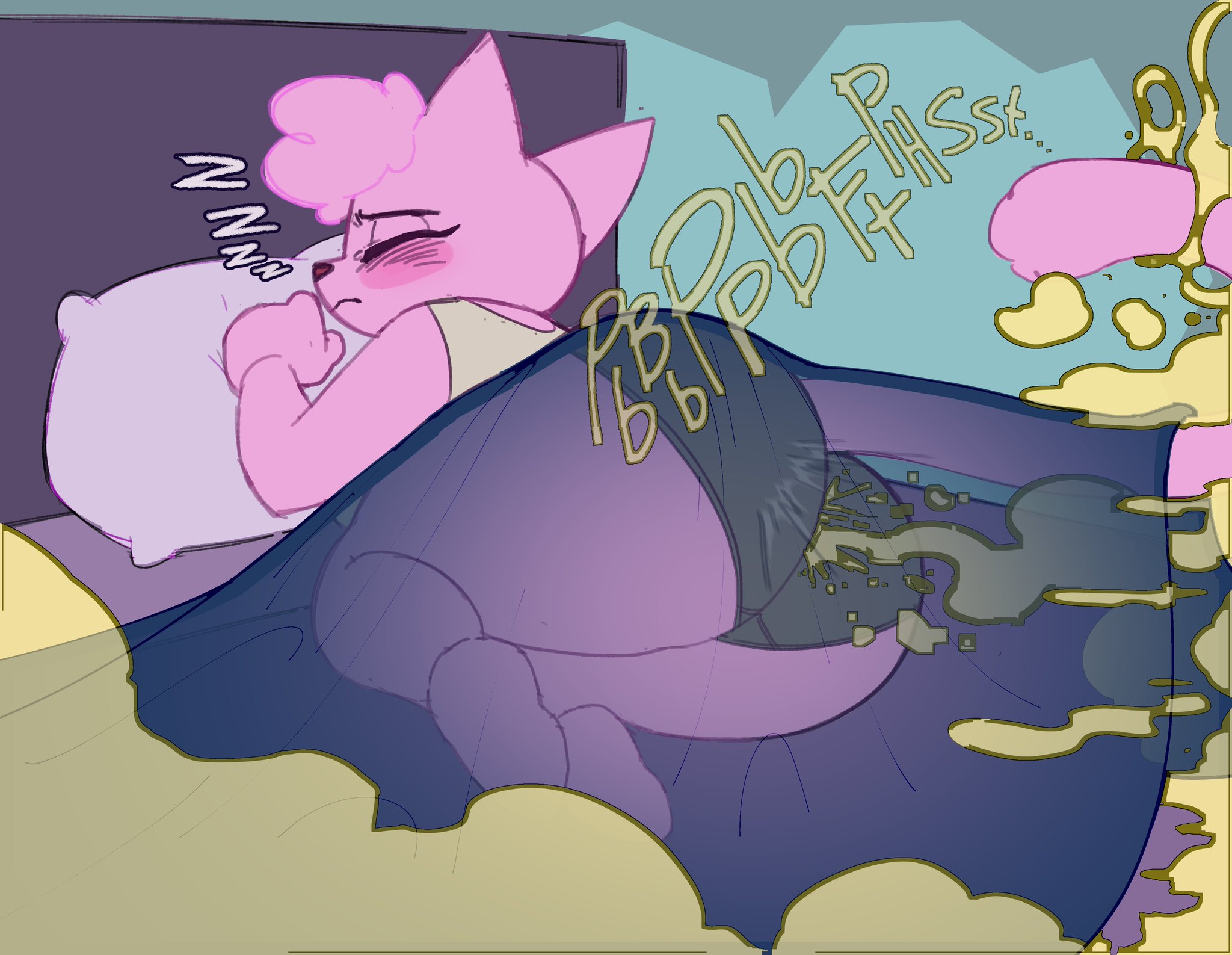 anthro, ass, big ass, blanket, blush, carafalsa, closed eyes, epic and jana, fart, fart cloud, farting, female, furry, hair, jana (epic and jana), panties, pillow, pink fur, sleep farting, sleeping, tank top, underwear, x-ray, zzz