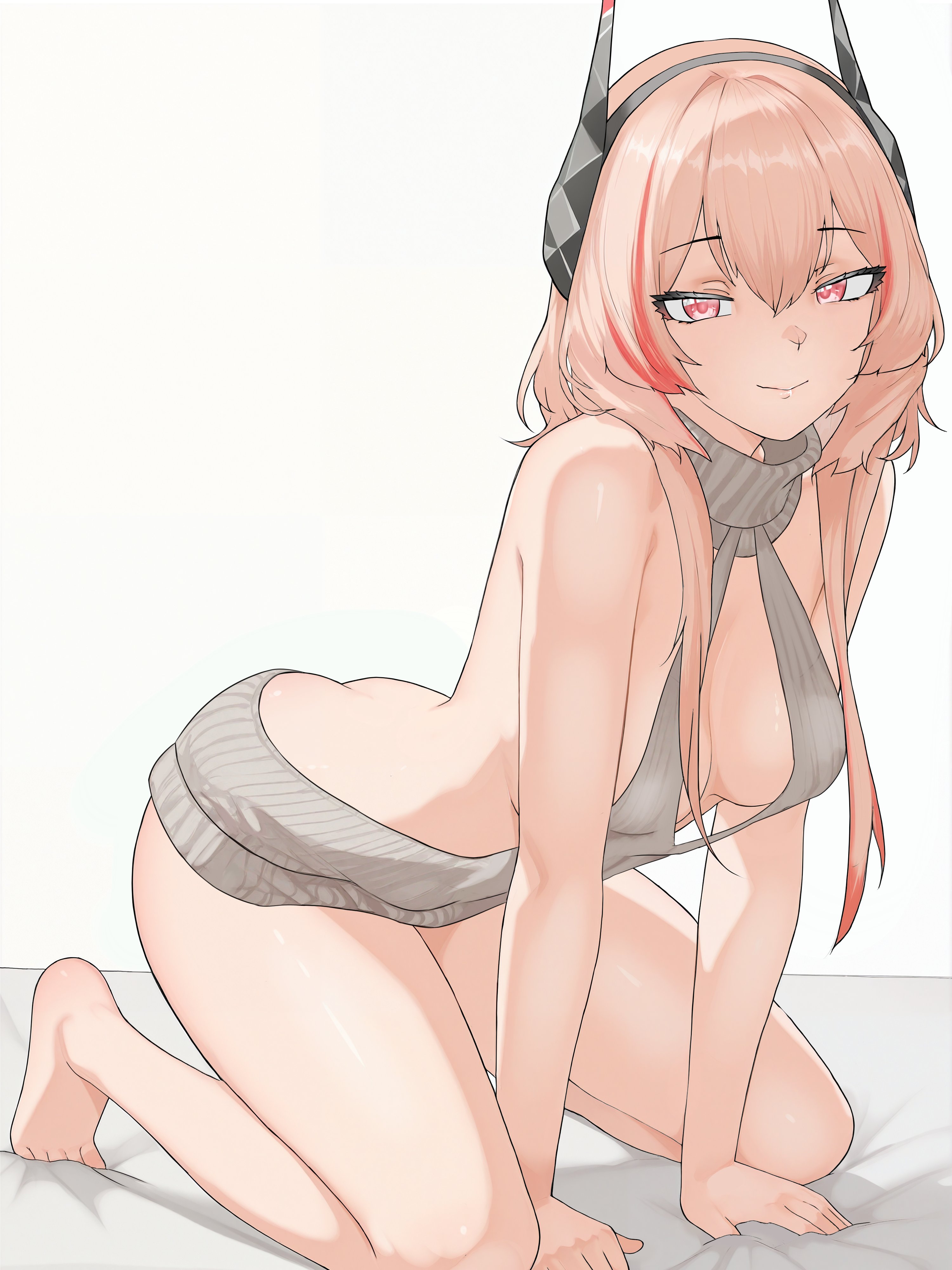 1female, 2d, female, female only, girls' frontline, girls' frontline 2: exilium, godon146, horns, looking at viewer, m4 sopmod ii (girls' frontline), pink eyes, pink hair, soppo (girls' frontline 2), virgin killer sweater