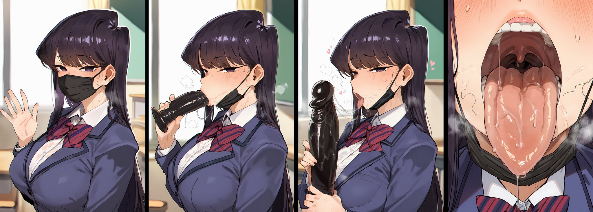1girls, ai, ai art, ai generated, beautiful, beautiful body, beauty, big breasts, big dildo, black dildo, black eyes, black hair, blazer, blowjob, blowjob face, blowjob only, blue blazer, blush, blush lines, blushing, bowtie, breath, breath cloud, breathing, breathing heavily, classroom, close up, close up mouth, close up view, close-up, closeup, closeup view, clothed, clothed female, clothes, curvaceous, curvaceous body, curvaceous female, curvaceous figure, curves, curvy, curvy body, curvy female, curvy figure, curvy hips, detailed tongue, dildo, dildo in mouth, excessive saliva, face focus, face mask, female, female focus, female only, genlation, grabbing, grabbing dildo, hands on dildo, heart, heart symbol, hearts around head, holding dildo, hot, hourglass figure, komi can't communicate, komi shouko, komi-san wa komyushou desu, licking, licking dildo, long hair, looking at viewer, mouth focus, mouth mask, mouth open, open mouth, oral, oral sex, panels, presenting, presenting mouth, pubic hair, saliva, saliva drip, saliva on dildo, saliva on tongue, saliva string, saliva trail, salivating, school, school uniform, schoolgirl, schoolgirl uniform, seduction, seductive, seductive eyes, seductive gaze, seductive look, seductive mouth, seductive pose, sexy, sexy body, shirt, solo, solo female, solo focus, steam, steaming, steaming body, steamy, steamy breath, straight hair, sucking, sucking dildo, sweat, sweatdrop, sweaty, sweaty body, teeth, tongue, tongue out, uncensored, upper body, upper body focus, upper body only, upper teeth, upper teeth only, uvula, uvula focus, visible breath, white shirt