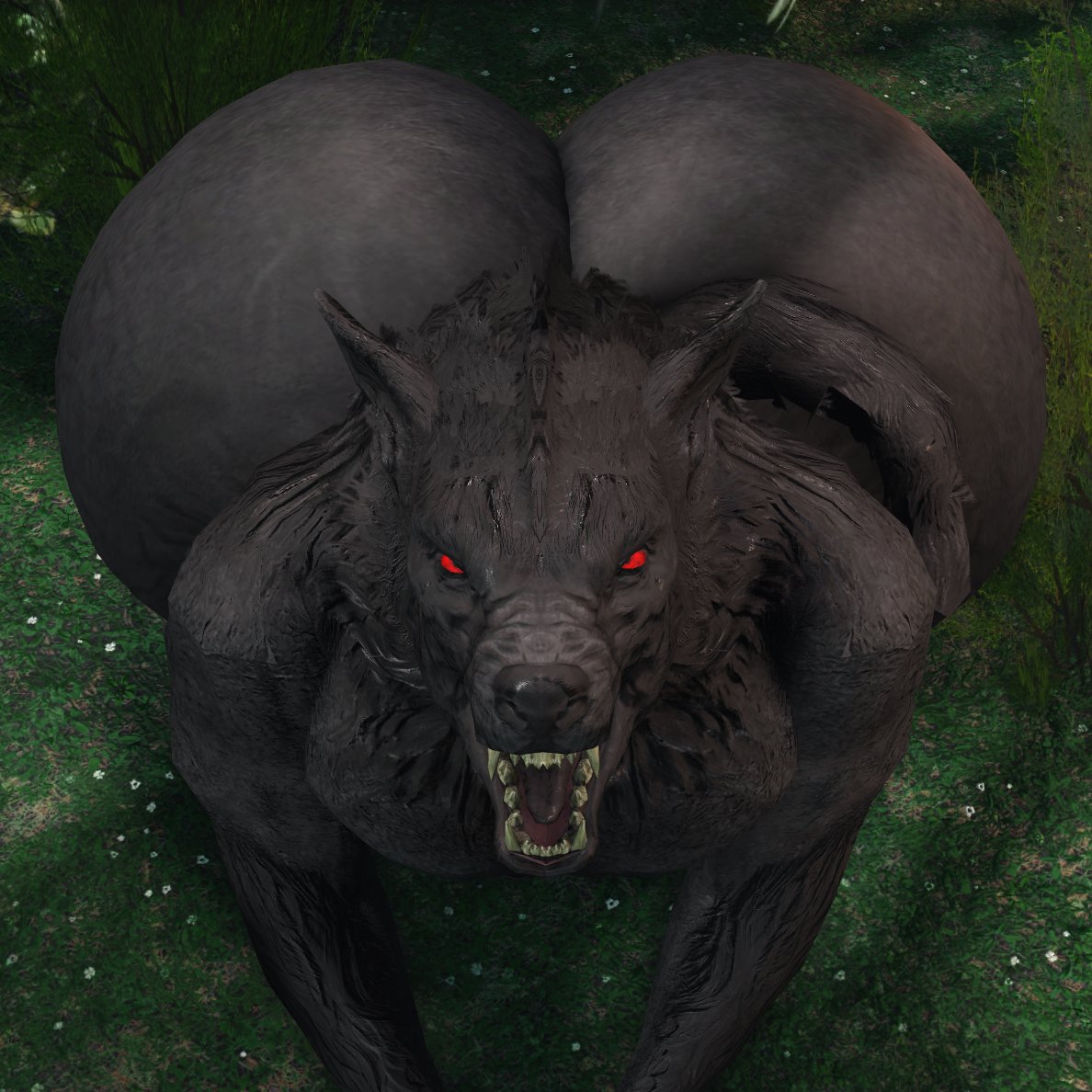 3d (artwork), anthro, ass, bethesda game studios, big ass, big balls, big butt, canid, canine, day, digital media (artwork), fat ass, fur, grey body, grey fur, hi res, huge ass, huge butt, looking at viewer, looking up at viewer, male, male only, mammal, microsoft, monster, monster boy, mythological canine, mythological creature, mythology, no genitals, no sex, nonhuman, nude, open mouth, outside, plant, red eyes, skyrim, skyrim werewolf, solo, solo male, tagme, the elder scrolls, tree, werecanid, werecanine, werecreature, werewolf, willie piv