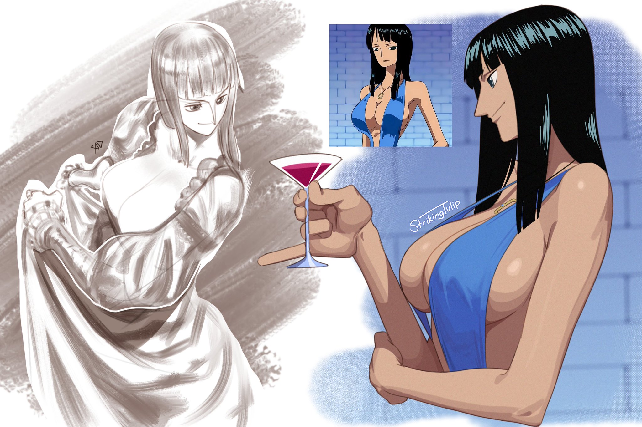 1girls, accurate art style, bangs, big breasts, black hair, black-haired female, blue dress, blue eyes, cleavage, dress, female, female only, holding drink, large breasts, nico robin, one piece, pinky out, pre-timeskip, scene reference, sideboob, sketch, strikingtulip, tan body, tan skin