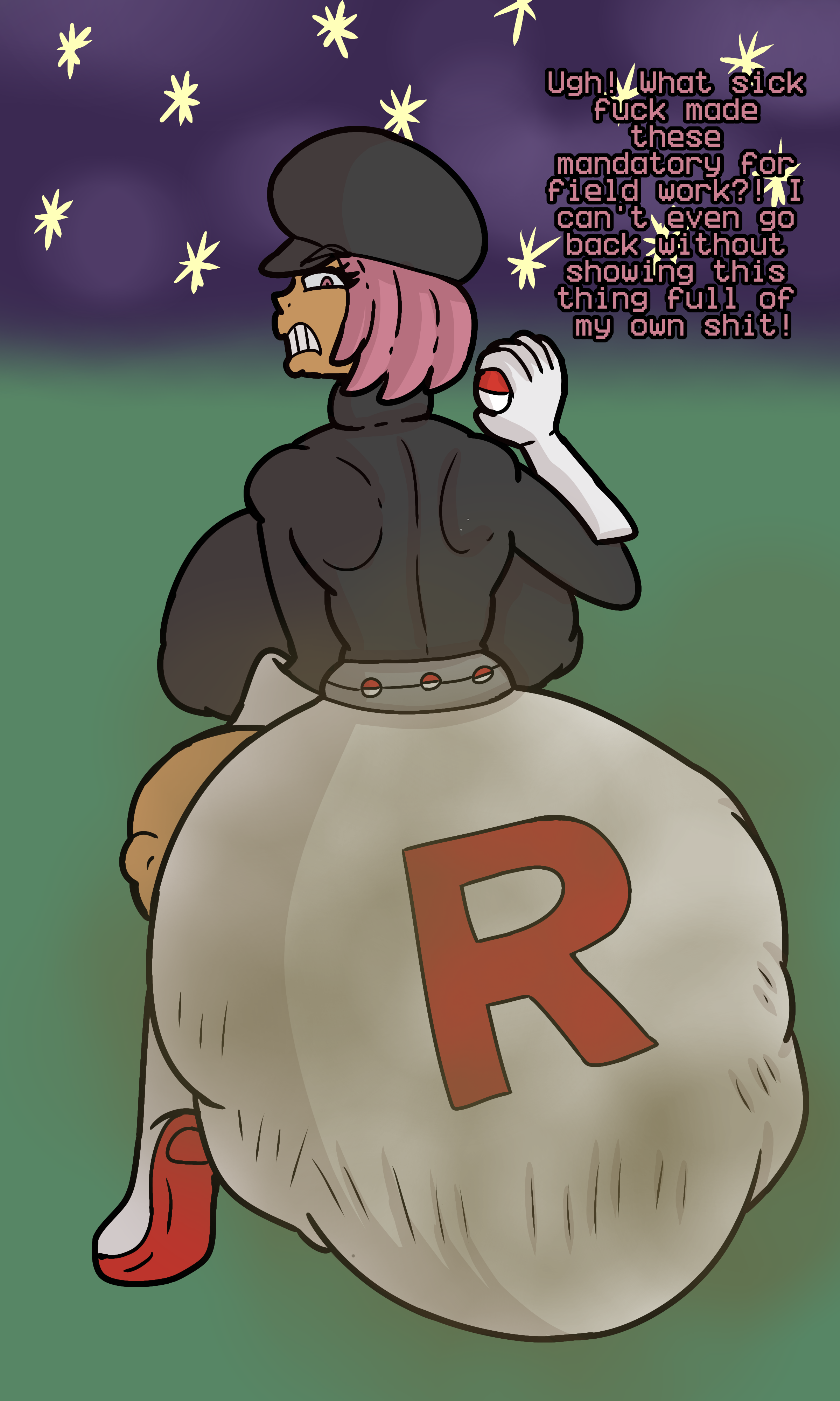 1girls, 2d, big breasts, boots, clothed, clothed female, dialogue, diaper, diaper disposal, diaper fetish, english text, facing away, female, female focus, female only, field, filled diaper, filth, gloves, guavagrunt, hat, holding object, holding poke ball, huge breasts, hyper diaper, hyper feces, hyper scat, looking back, messy diaper, night, night sky, nipples visible through clothing, pink hair, poke ball, pokemon, scat, simple background, speech, squatting, star, starry sky, tan body, team rocket, team rocket grunt, team rocket uniform, text, thick thighs, thighs, uniform