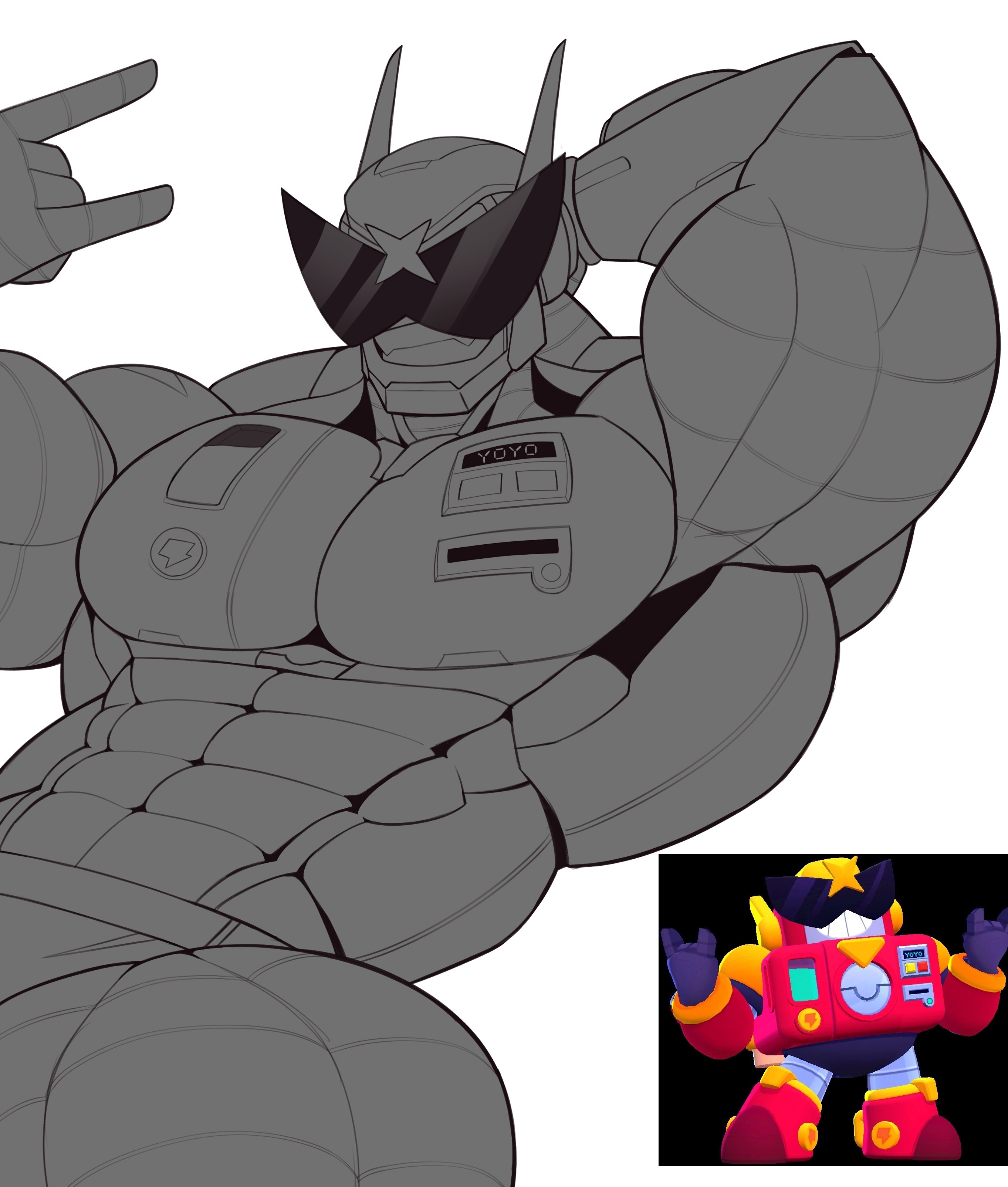 1boy, 1men, arms up, bara, brawl stars, game cg, glasses, huge breasts, huge thighs, muscles, muscular, muscular male, non-human, sketch, smile, surge (brawl stars), terraxle