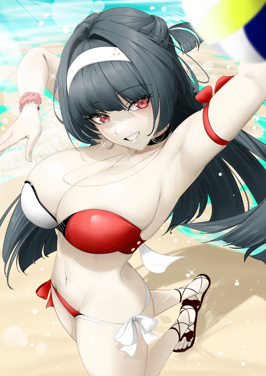 1girls, alternate costume, armpits, astra yao, beach, bikini, black hair, breasts, cleavage, earrings, female, female only, hairband, highres, jewelry, large breasts, long hair, looking at viewer, mait, multicolored bikini, navel, ocean, outdoors, red bikini, red eyes, revealing clothes, sandals, scrunchie, smile, solo, stomach, swimsuit, thighs, toes, two-tone bikini, very long hair, white hairband, wrist scrunchie, zenless zone zero