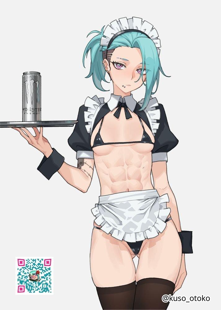 1girls, 2d, 2d (artwork), 2d artwork, abs, ass visible through thighs, bare chest, bare hands, bare hips, bare midriff, bare skin, bare thighs, belly, belly button, bikini, bikini bottom, bikini top, black bikini, black bikini bottom, black bikini top, black legwear, black micro bikini, black stockings, black string bikini, black swimsuit, black swimwear, black thigh highs, black thighhighs, blank expression, blank eyes, blank stare, blue hair, blue-haired female, bored, bored expression, breasts, collarbone, digital, digital art, digital drawing, digital drawing (artwork), digital media, digital media (artwork), drawing, ear piercing, ear piercings, elbows, emotionless, exposed chest, exposed hips, exposed midriff, exposed skin, exposed thighs, eyebrows visible through hair, female, female focus, female only, fingers, groin, half naked, half nude, halterneck, head tilt, high resolution, highres, inguinal crease, inguinal ligament, kuso otoko, lean figure, legwear, long hair, looking at viewer, maid, maid apron, maid bikini, maid cap, maid headdress, maid outfit, max (uragoner), micro bikini, midriff, muscular, muscular female, naked, naked female, naked woman, narrow waist, navel, neutral expression, nude, nude female, nudity, partially exposed vulva, partially visible vulva, pierced ear, pierced ears, purple eyes, purple-eyed female, semi nude, serving tray, shoulders, simple background, skindentation, slender body, slender waist, slim female, slim waist, small breasts, solo, standing, stockings, stomach, string bikini, swimsuit, swimwear, thick thighs, thigh gap, thigh highs, thighhighs, thighs, thong bikini, tilted head, tray, turquoise hair, turquoise-haired female, upper body, uragoner, white background, wide hips