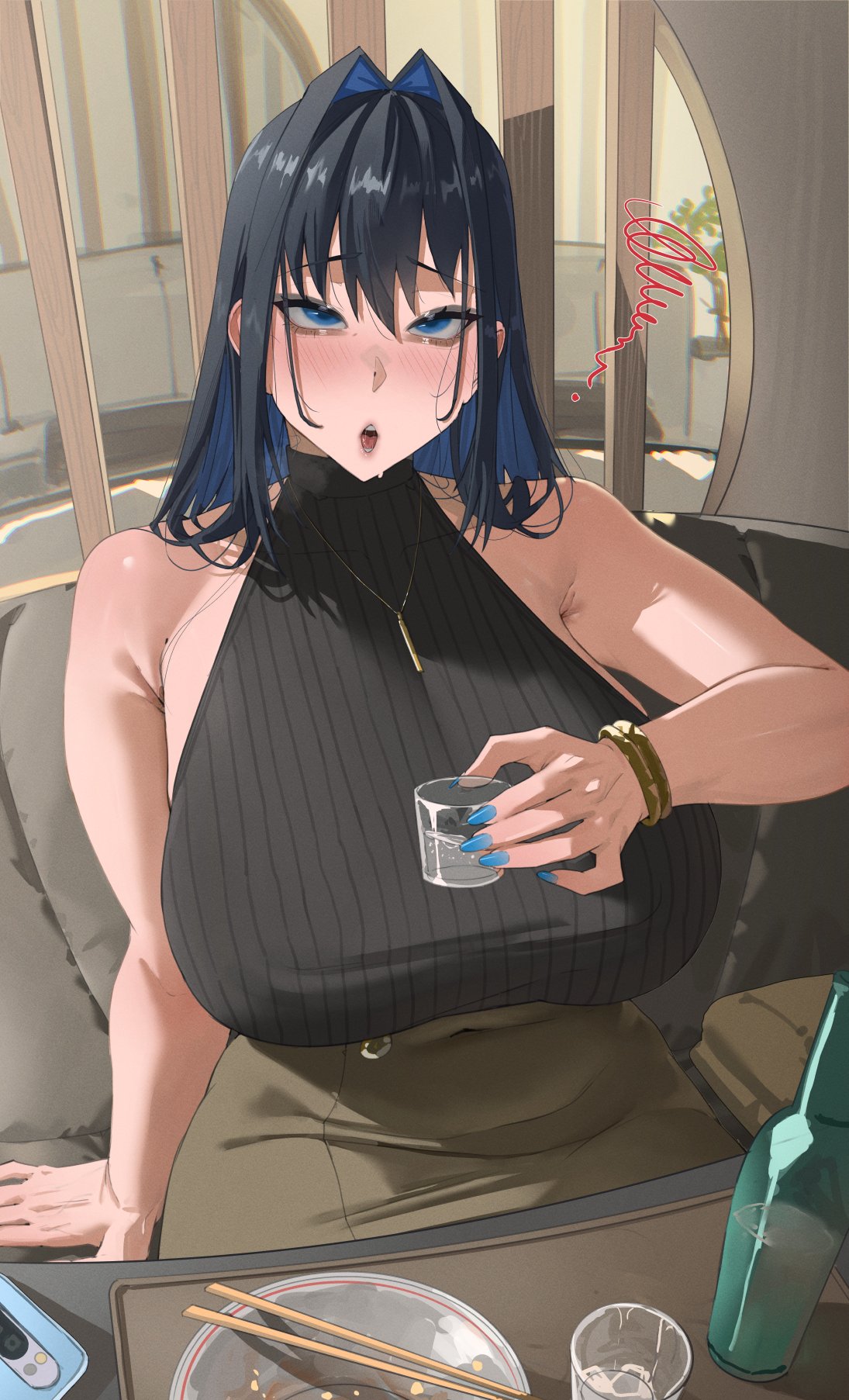 1girl, archinoer, black hair, blue eyes, blue hair, bottle, bowl, breasts, chopsticks, covered navel, cup, drinking glass, female, female only, food, hair intakes, highres, hololive, hololive english, indoors, large breasts, long hair, mole, mole on shoulder, multicolored hair, noodles, ouro kronii, ribbed shirt, shirt, shot glass, sitting, skirt, sleeveless, sleeveless turtleneck, solo, turtleneck, virtual youtuber