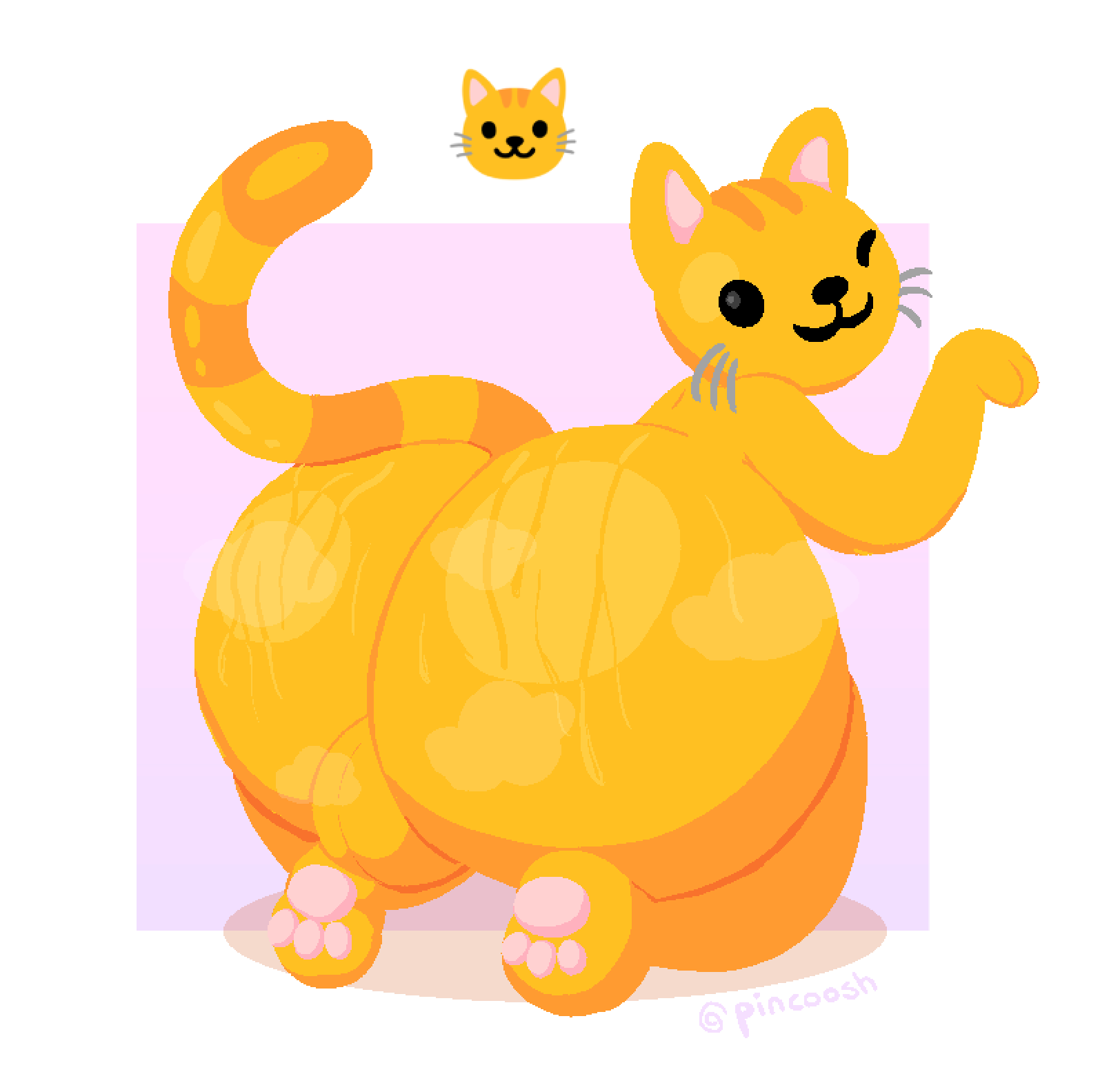 a cat is fine too, anthro, ass, backsack, balls, big balls, big butt, biped, bodily fluids, cat emoji, digital media (artwork), domestic cat, emoji, emoji (race), feet, felid, feline, felis, furry, genitals, hi res, kneeling, looking at viewer, looking back, male, mammal, markings, musk, musk cloud, musky butt, one eye closed, paw pose, pawpads, paws, pincoosh, pose, raised tail, rear view, signature, simple background, smile, solo, striped markings, striped tail, stripes, sweat, sweaty butt, tail, tail markings, whiskers, wink