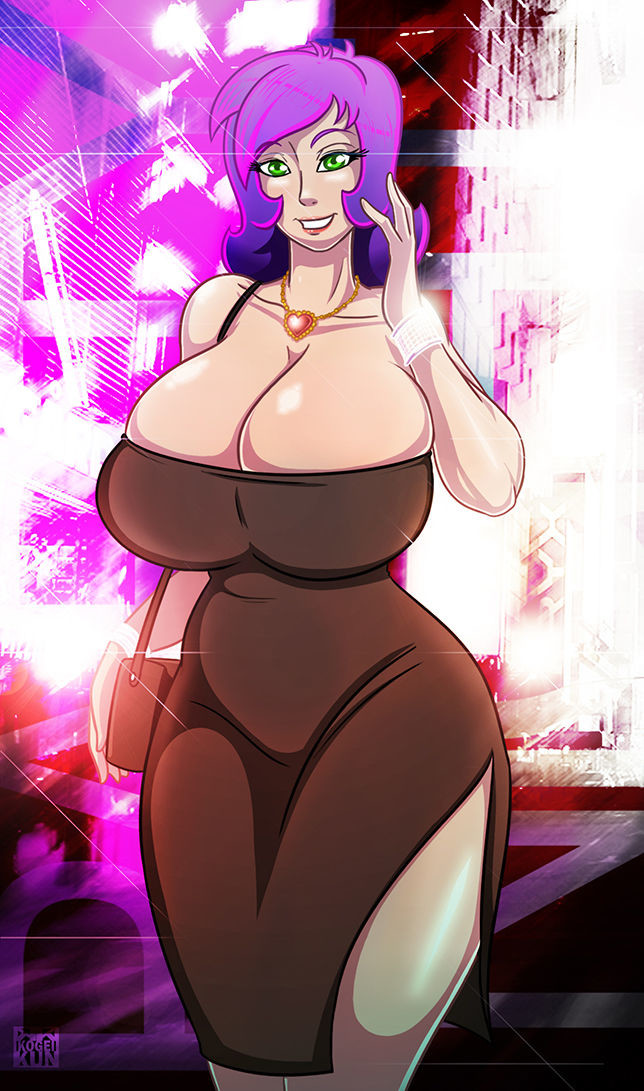 1girls, ass, bag, bare shoulders, big ass, big breasts, bracelet, breasts, cleavage, dress, eyelashes, female, female only, green eyes, heart, huge ass, huge breasts, kogeikun, lipstick, necklace, pink hair, purple hair, smile, standing, teeth, text, thick thighs, two-tone hair, watermark, wendolin, wide hips