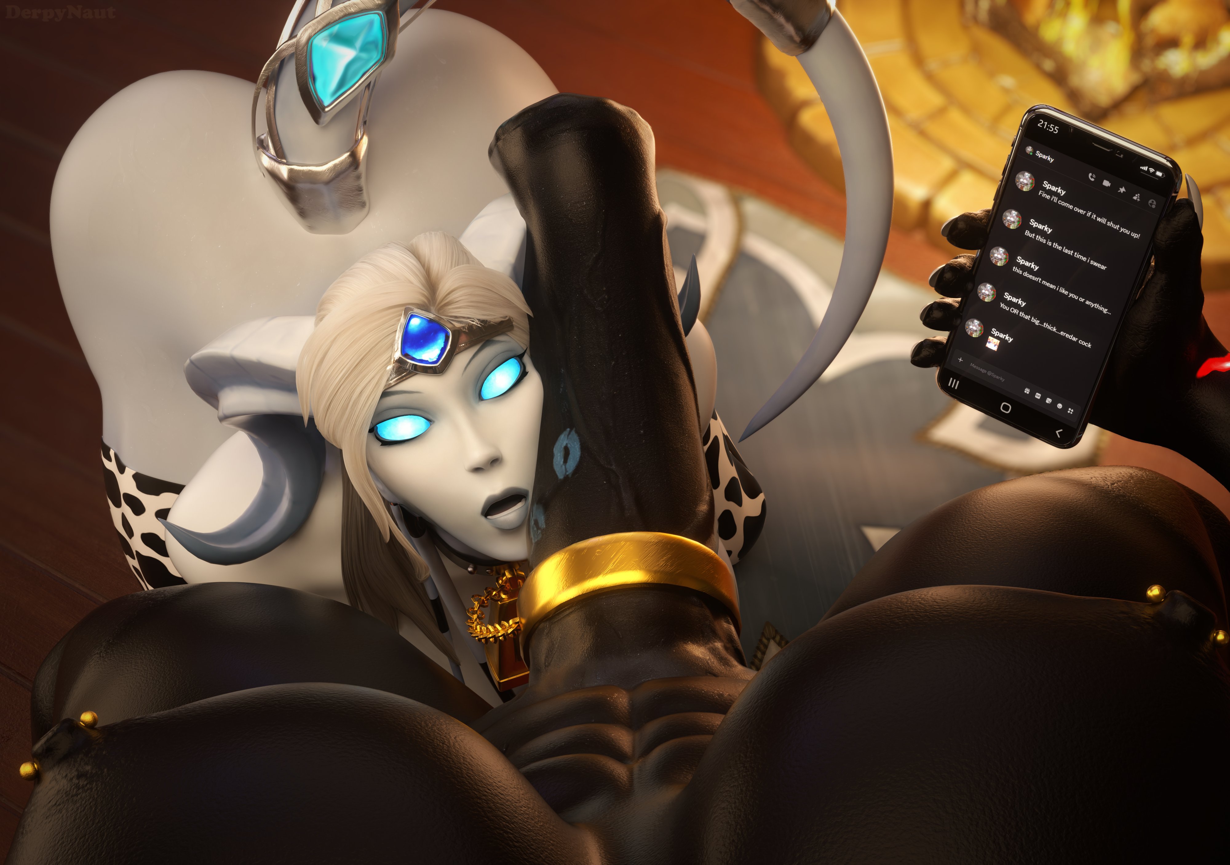 1futa, 1girls, 3d, blue eyes, chained to penis, chains, cock ring, cow bell, cow print, dark skin, dark-skinned futa, derpynaut, draenei, eredar, faceless, faceless character, faceless futa, futa on female, futa pov, futanari, gold (metal), jewelry, leashed to genitals, light-skinned female, lipstick on penis, looking at viewer, nipple piercing, original character, penis on face, pov, smartphone, sparky cowhide, warcraft, white hair, white skin, world of warcraft
