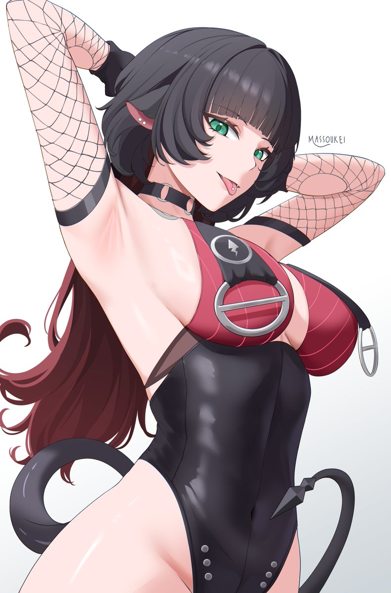 1girls, animal ears, artist name, black gloves, black hair, black one-piece swimsuit, breasts, commentary, covered navel, female, female only, fishnet sleeves, fishnets, gloves, green eyes, highres, jane doe (nocturne of light) (zenless zone zero), jane doe (zenless zone zero), large breasts, long hair, looking at viewer, massoukei, mouse ears, mouse girl, mouse tail, multicolored hair, official alternate costume, one-piece swimsuit, red hair, simple background, solo, swimsuit, tail, tongue, tongue out, two-tone hair, very long hair, zenless zone zero