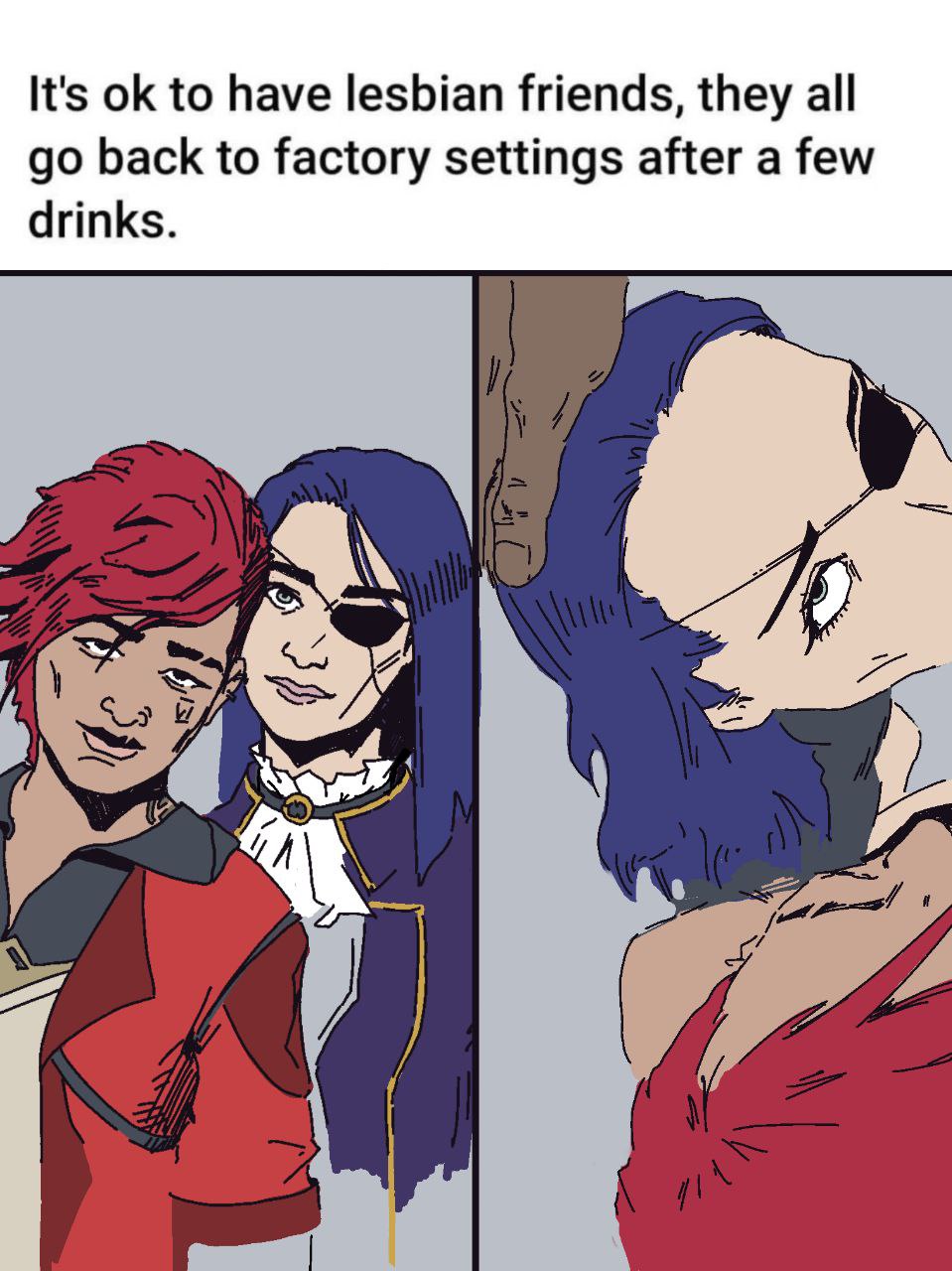 :>=, 1boy, 2026, 2d, arcane, arcane caitlyn, arcane vi, blacked, blowjob, blue hair, caitlyn kiramman, closed, cuckquean, dark skin, dark-skinned female, dark-skinned male, eyewear, female, homophobia, homophobic, human, implied fellatio, league of legends, league of legends: wild rift, lesbian conversion, lesbian gets dicked, lesbian with male, male, meme, naked female, one eye obstructed, orientation play, red hair, sex, sucking penis, tagme, tenebris art, threesome, vi