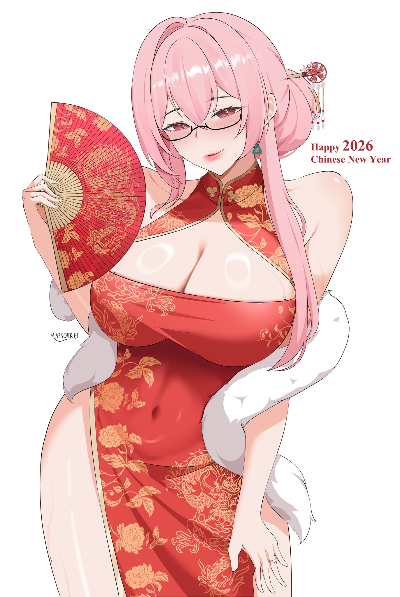 1girls, alternate costume, bare shoulders, big breasts, breasts, china dress, chinese clothes, cleavage, closed mouth, commentary, dress, english commentary, female, female only, floral print, floral print dress, folding fan, glasses, hair between eyes, hair ornament, hair stick, hand fan, hand up, happy new year, highres, holding, holding fan, large breasts, long hair, massoukei, new year, pink hair, print dress, red dress, red eyes, semi-rimless eyewear, simple background, sleeveless, sleeveless dress, solo, tsukishiro yanagi, white background, zenless zone zero