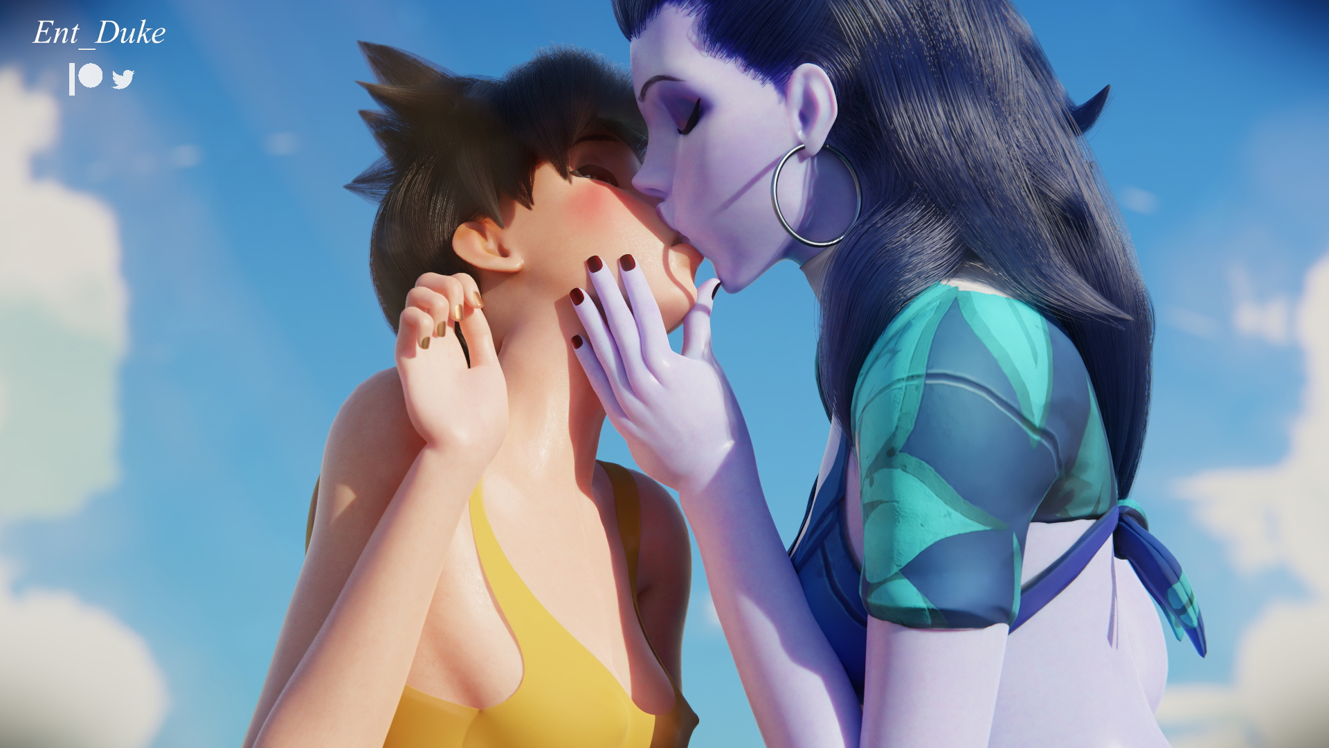 2girls, 3d, 3d (artwork), 3d model, 3dcg, amelie lacroix, big earrings, black hair, blizzard entertainment, blue hair, blue skin, british, british female, caucasian, caucasian female, cg, cg art, cgi, closed eyes, clothed female, clothing, cote d'azur widowmaker, day, daylight, daytime, dressed, ent duke, european, european female, female/female, french, french female, kissing, lena oxton, lesbian kiss, long hair, love, medium breasts, overwatch, overwatch 2, short hair, swimwear, swimwear only, tracer, widowmaker, yuri