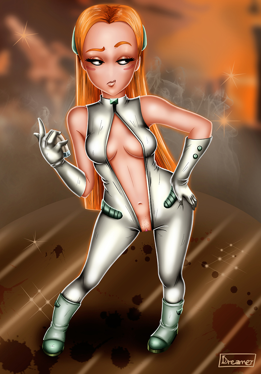 deponia female gloves goal_(deponia) hairband irillthedreamer long_hair nipples orange_hair pussy solo wide_hips