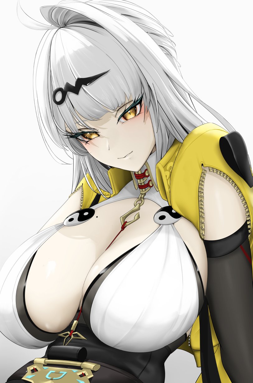 1girls, arm support, big breasts, black gloves, black shorts, breasts, elbow gloves, female, female only, gloves, hair ornament, hairclip, high-waist shorts, highres, huge breasts, jacket, long hair, mait, mole, mole on breast, parted lips, shorts, simple background, solo, upper body, white background, white hair, yellow eyes, yellow jacket, yixuan (zenless zone zero), zenless zone zero