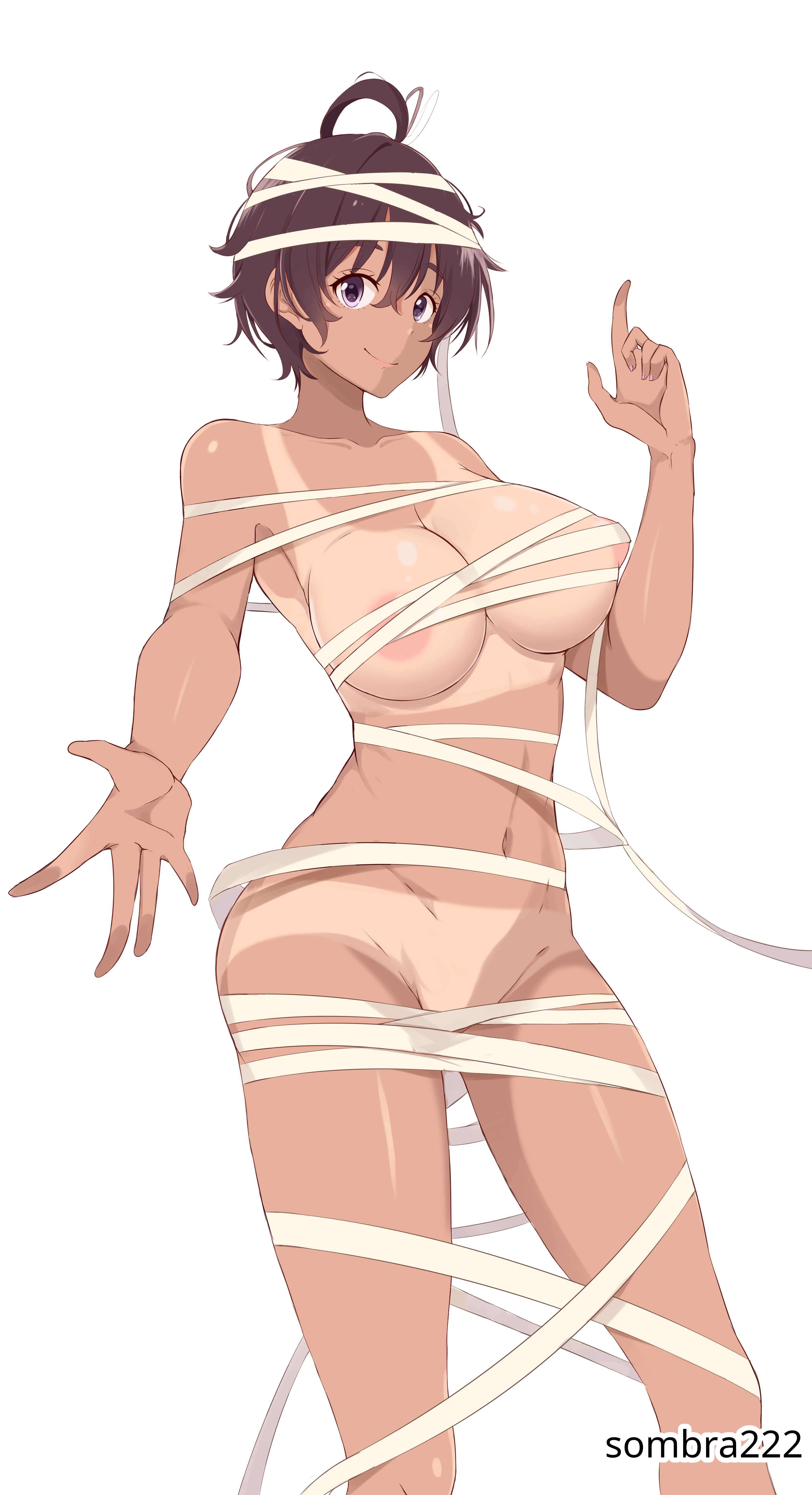 1girls, 2d, 2d (artwork), 2d artwork, ahoge, almost naked, almost nude, alternate breast size, areola, areolae, athlete, athletic female, bandage, bandaged arm, bandaged belly, bandaged body, bandaged breasts, bandaged chest, bandaged head, bandaged leg, bandaged stomach, bandaged thigh, bandaged thighs, bandages, bandages around breasts, bandages around chest, bandages on legs, bandages on legss, bandages only, bare arms, bare chest, bare hands, bare hips, bare navel, bare shoulders, bare skin, belly, belly button, bewitching thighs, big breasts, bikini tan, breast bandage, breasts, brown hair, brown skin, brown skinned female, brown-haired female, brown-skinned female, busty, busty female, busty girl, busty teen, busty teenager, child bearing hips, closed mouth smile, collarbone, curvaceous, curvaceous body, curvaceous female, curvaceous figure, curvaceous hips, curvaceous teenager, curvy, curvy body, curvy female, curvy figure, curvy hips, curvy teen, digital, digital art, digital drawing, digital drawing (artwork), digital media, digital media (artwork), drawing, exposed arms, exposed chest, exposed hips, exposed navel, exposed shoulders, exposed skin, female, female focus, female only, fertile hips, fingers, groin, hair between eyes, high resolution, high school student, highres, hourglass figure, inframammary fold, inguinal crease, inguinal ligament, knees, large boobs, large breasts, lean figure, light smile, looking at viewer, make heroine ga oo sugiru!, midriff, mostly nude, naked, naked bandage, naked female, naked woman, narrow waist, navel, nearly nude, nipple bulge, nipples, nude, nude female, nudity, pink areola, pink areolae, pink nipples, posing, posing for the viewer, posing naked, posing nude, practically nude, purple eyes, purple-eyed female, school girl, schoolgirl, short hair, shoulders, simple background, slender body, slender waist, slim female, slim waist, smile, smiley face, smiling, smiling at viewer, solo, sombra222, standing, swimsuit tan, tan, tan body, tan chest, tan line, tan lines, tan neck, tan skin, tan skinned female, tanned, tanned breasts, tanned skin, teen girl, teenage female, teenage girl, teenage tits, teenager, thick thighs, thigh gap, thighs, two-piece tan, upper body, white background, wide hips, yakishio lemon, young female, young woman