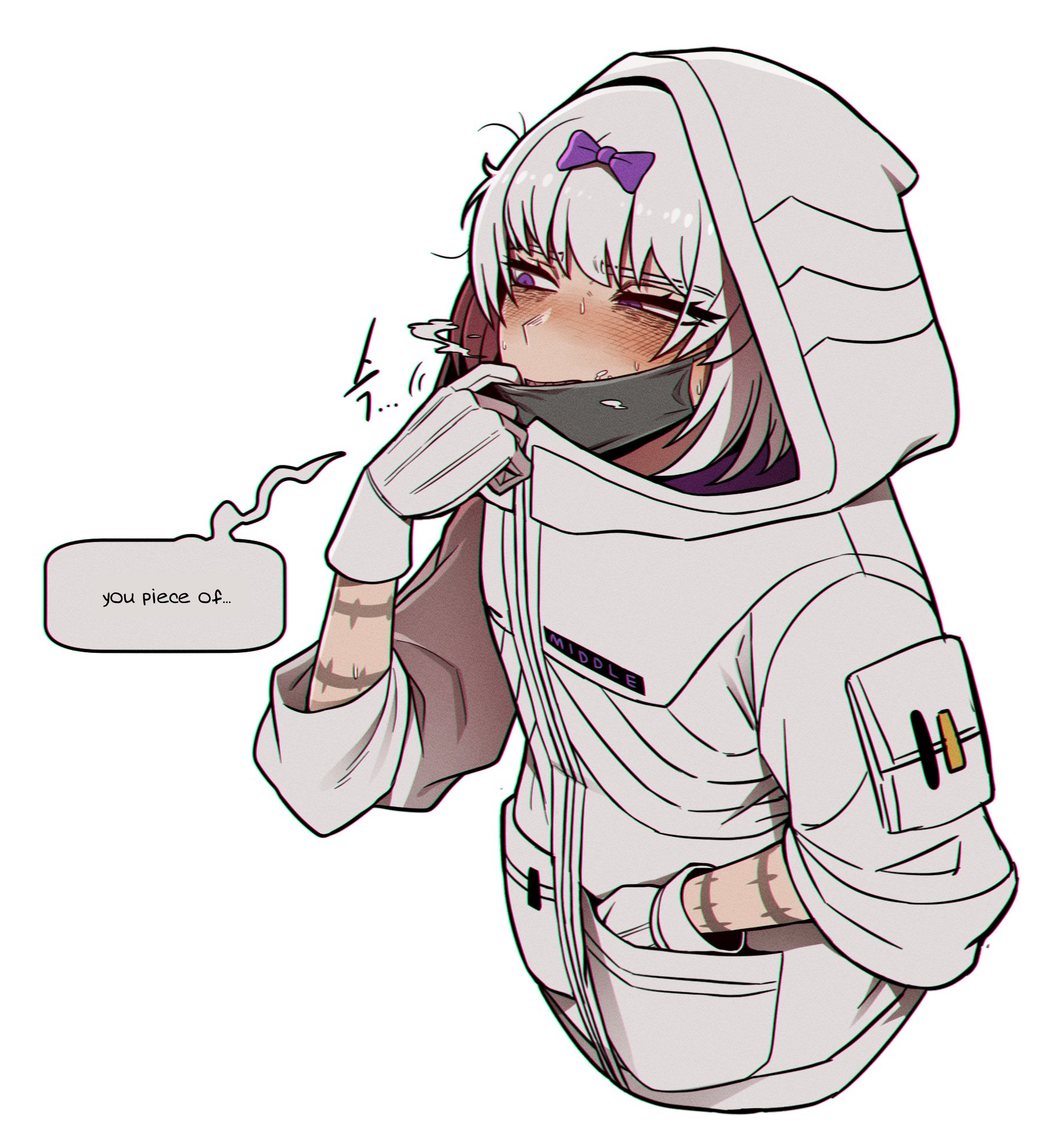 avoiding eye contact, baggy clothing, blush, bow, breasts, cum, cum on face, dialogue, drool, drooling, facemask, gloves, hair accessory, hair ornament, hands in pockets, hoodie, kira (limbus company), light skin, limbus company, looking away, looking away from viewer, mask, messy hair, misg1111, project moon, purple eyes, removing mask, scar, sharp teeth, sweat, sweaty, text, the middle (identity) (project moon), the middle (project moon), uncomfortable, unkempt, unkempt hair, white hair