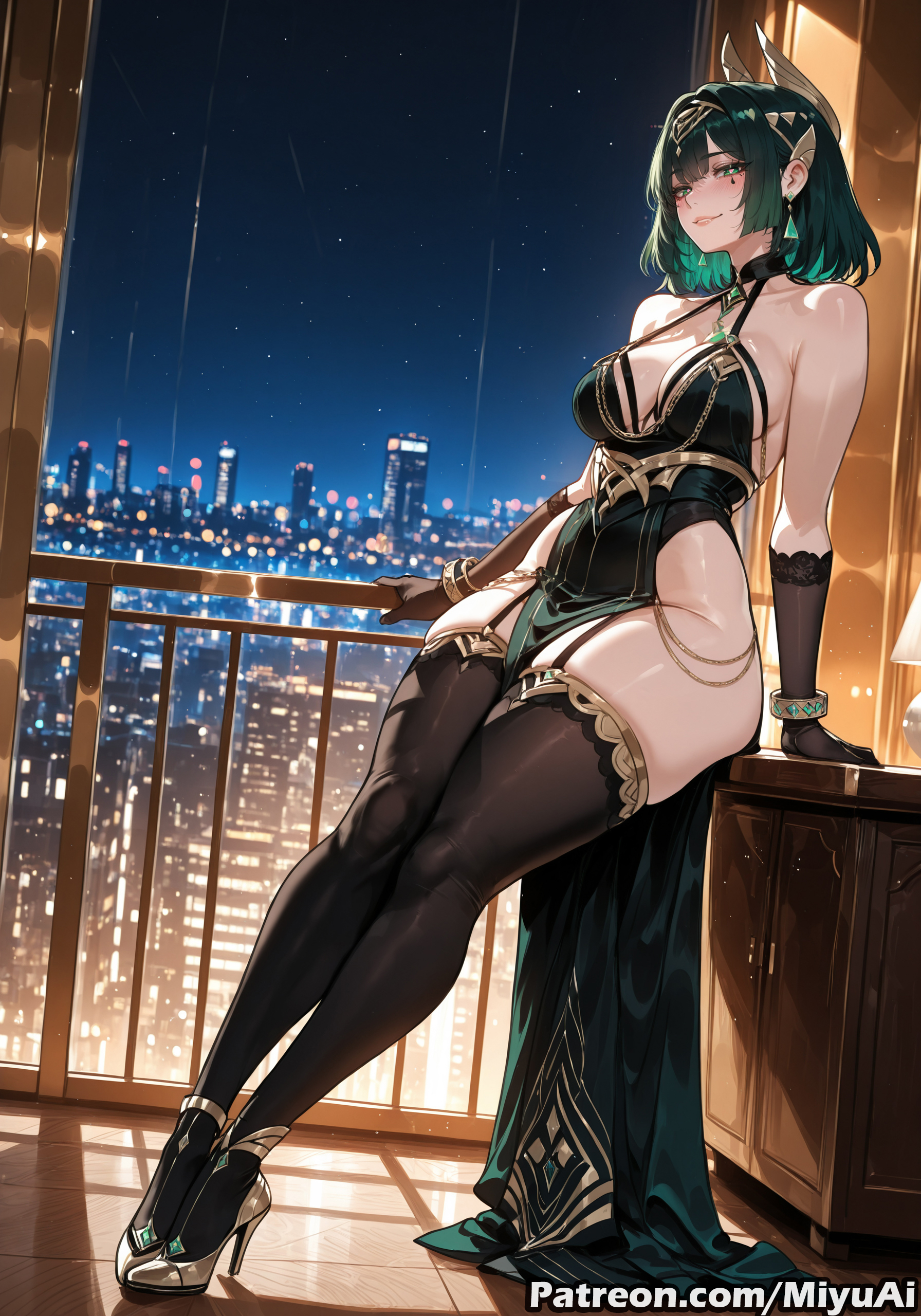 1girl, 1girls, ai assisted, ai generated, bangs, bare shoulders, black legwear, blush, breasts, cleavage, closed mouth, curvaceous, curvy, curvy female, curvy figure, dress, earrings, female, genshin impact, green eyes, green hair, high heels, jewelry, large breasts, looking at viewer, mature female, miyuai, nefer (genshin impact), night, patreon reward, short hair, sitting, sky, smile, solo, starry sky, thick, thick ass, thick butt, thick hips, thick legs, thick thighs, thighhighs, thighs, uncensored, voluptuous, voluptuous female, wide hips, wide thighs