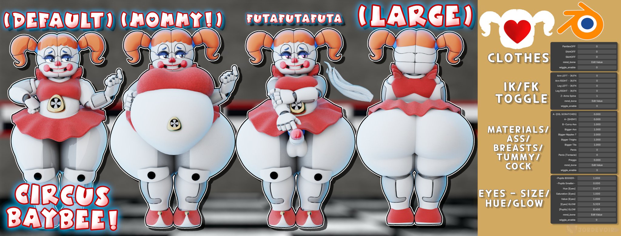 3d, babs bunny, blue eyes, circus baby, circus baby (fnaf), circus baby (original), circus baybee (jordevoir), five nights at freddy's, fnaf, futanari, jordevoir, model, model sheet, sister location, solo, tagme, thick thighs