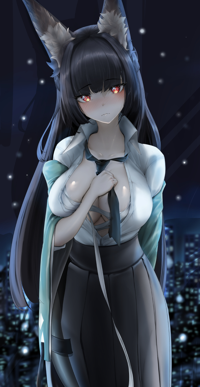 1girls, animal ear fluff, animal ears, big breasts, black necktie, black skirt, blunt bangs, blush, breasts, closed mouth, dress shirt, female, female only, fox ears, fox girl, green jacket, high-waist skirt, highres, hoshimi miyabi, jacket, large breasts, looking at viewer, mait, necktie, shirt, skirt, solo, zenless zone zero