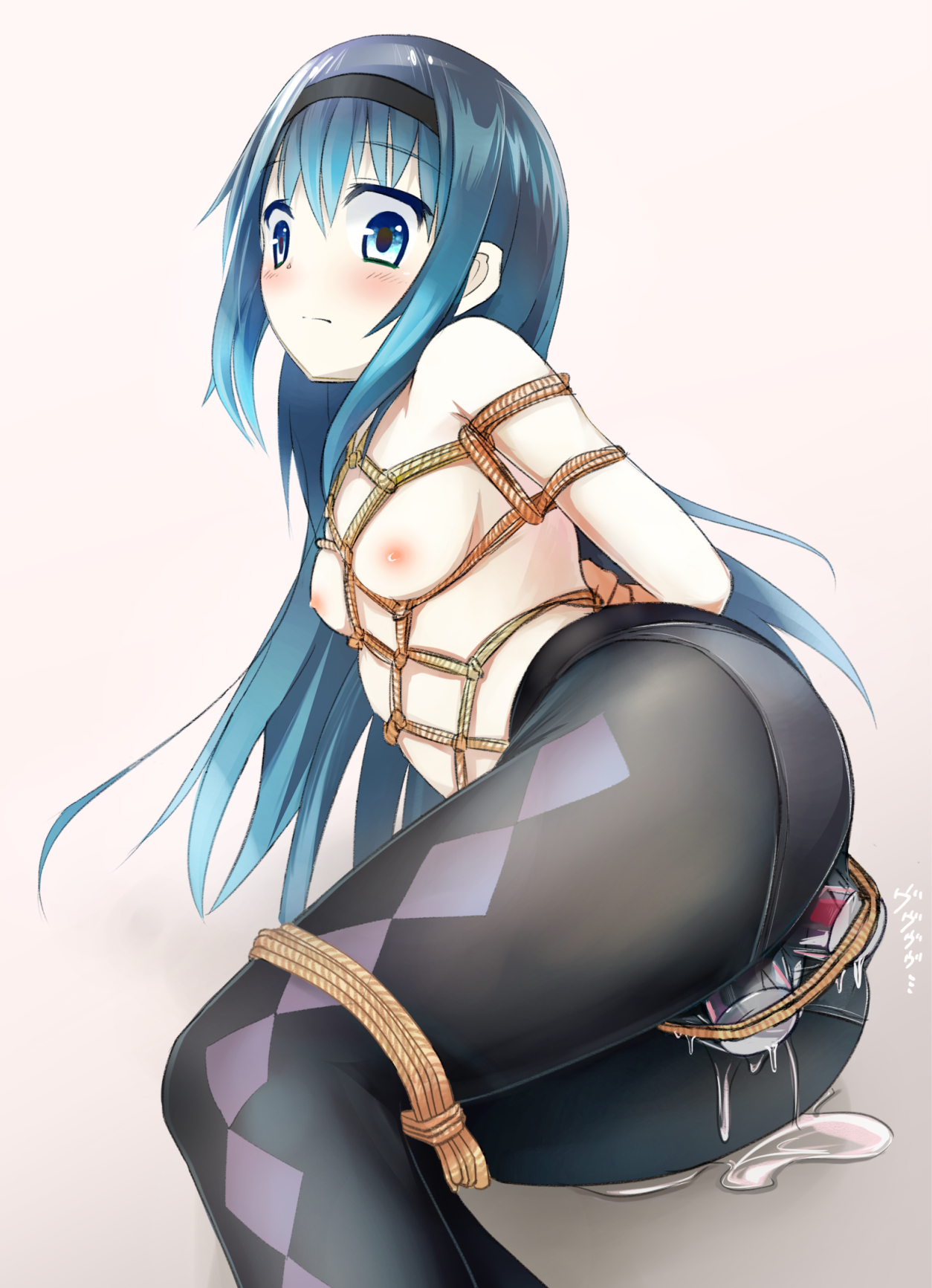 akemi homura, applepletea, arms behind back, black legwear, black pantyhose, blue eyes, blue hair, blush, bondage, breasts, closed mouth, dildo harness, double penetration, female, hairband, long hair, looking at viewer, mahou shoujo madoka magica, nipples, pantyhose, penetration, pussy, pussy plug, rope, small breasts, solo, topless