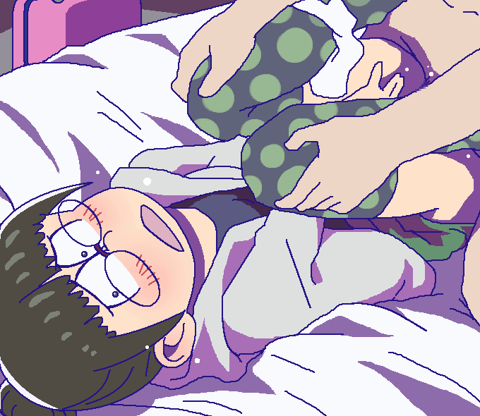 1boy bag bed black_eyes black_hair blush censored choroko_(osomatsu-san) clothed_female_nude_male clothed_sex female glasses hair_bun hood hooded_jacket jacket leg_grab legs_up long_sleeves lying miniskirt mosaic_censoring nude oekaki on_back open_jacket open_mouth osomatsu-san panties panties_around_leg pencil_skirt penis polka_dot polka_dot_legwear sex short_hair skirt solo_focus suitcase thighhighs tomu_(tomubobu)