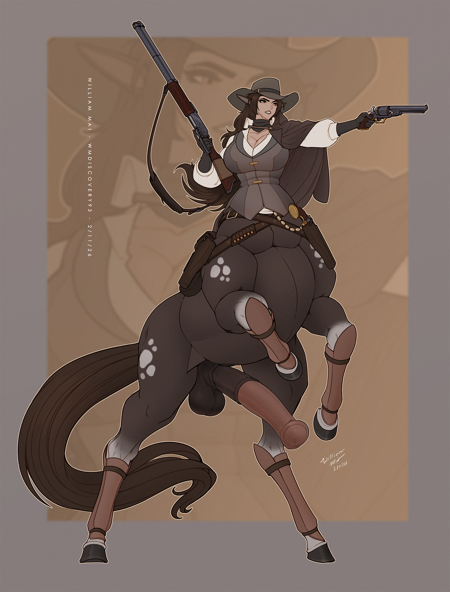 ammo belt, animal genitalia, animal penis, balls, brown hair, casual exposure, centaur, clothing, cowboy hat, equid, equid taur, equine genitalia, equine penis, european mythology, futanari, genitals, gloves, greek mythology, gun, gynomorph, hair, handgun, handwear, hat, headgear, headwear, hi res, holster, hooves, horse ears, humanoid taur, intersex, long hair, long tail, mammal, mammal taur, medial ring, mythology, penis, poncho, ranged weapon, repeater rifle, revolver, shin guards, solo, tail, taur, topwear, vest, weapon, wmdiscovery93