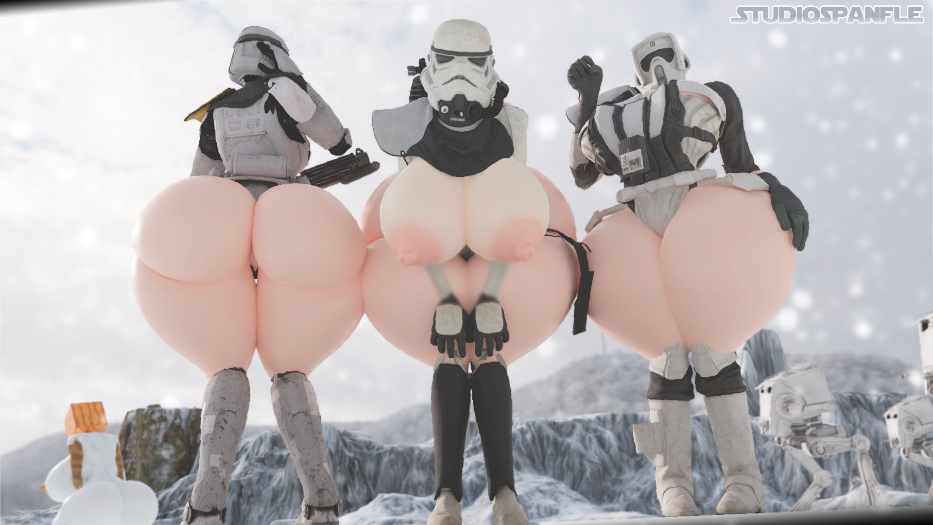 3d, 3girls, alt, ass, bent over, big ass, big breasts, breasts, bubble butt, child bearing hips, dat ass, detailed background, enormous breasts, fat ass, female, female only, female stormtrooper, giant ass, giant breasts, gigantic ass, gigantic breasts, huge ass, huge breasts, hyper breasts, large ass, large breasts, looking at viewer, massive ass, massive breasts, minecraft, panflestudios, plump thighs, snow, snow golem, star wars, stormtrooper, thick thighs, thighs, thunder thighs, voluptuous, voluptuous female, wide hips