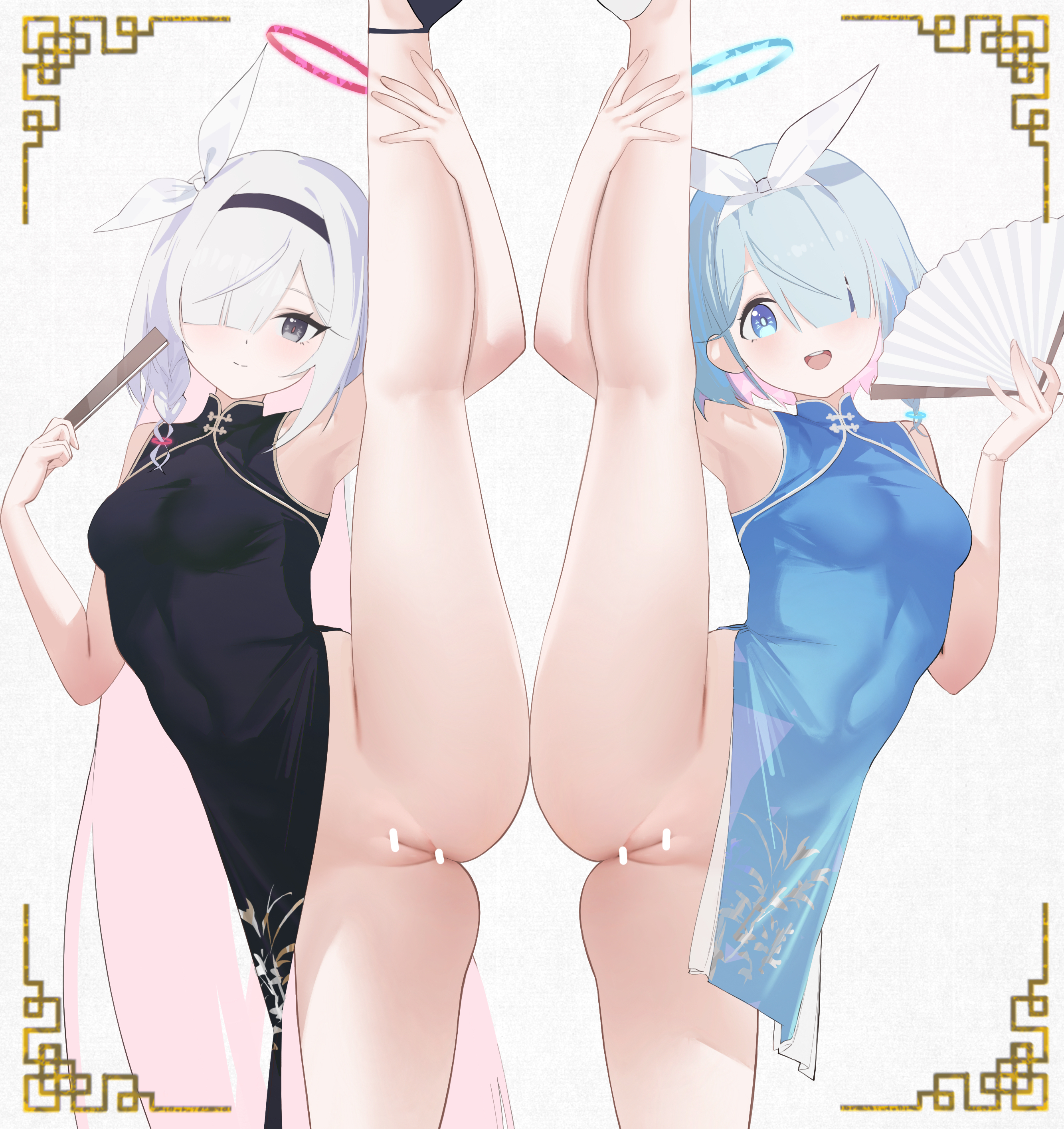 :d, 2girls, absurdres, alternate costume, annlee, arm up, arona (blue archive), bar censor, bare arms, bare shoulders, black dress, black eyes, black hairband, black shoes, blue archive, blue dress, blue eyes, blue halo, braid, breasts, bright pupils, censored, china dress, chinese clothes, closed mouth, colored inner hair, commentary request, covered navel, dress, feet out of frame, hair over one eye, hairband, halo, hand fan, highres, holding, holding fan, holding own leg, leg up, legs, long hair, looking at viewer, medium breasts, medium hair, multicolored hair, multiple girls, no panties, open mouth, pink hair, pink halo, plana (blue archive), pussy, red pupils, shoes, simple background, single braid, sleeveless, sleeveless dress, smile, standing, standing on one leg, teeth, two-tone hair, upper teeth only, very long hair, white background, white hair, white pupils, white shoes