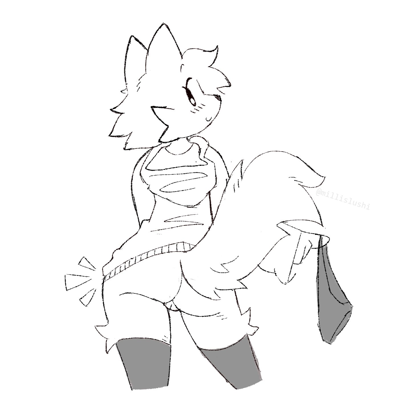 1girls, 2024, anthro, bottomless, chelsea (millislushi), female, female only, furry, furry female, furry only, looking at viewer, looking back, looking back at viewer, millislushi, panties, sketch, solo, tagme, thighhighs