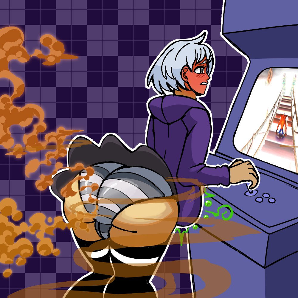 arcade, arcade machine, bloated belly, bowel sounds, bubble guts, bubble guts (game), crash (series), crash bandicoot, embarrassed, fart, fart cloud, fart fetish, femboy, femboy only, foghorn empire, male fart, panties, red face, striped panties