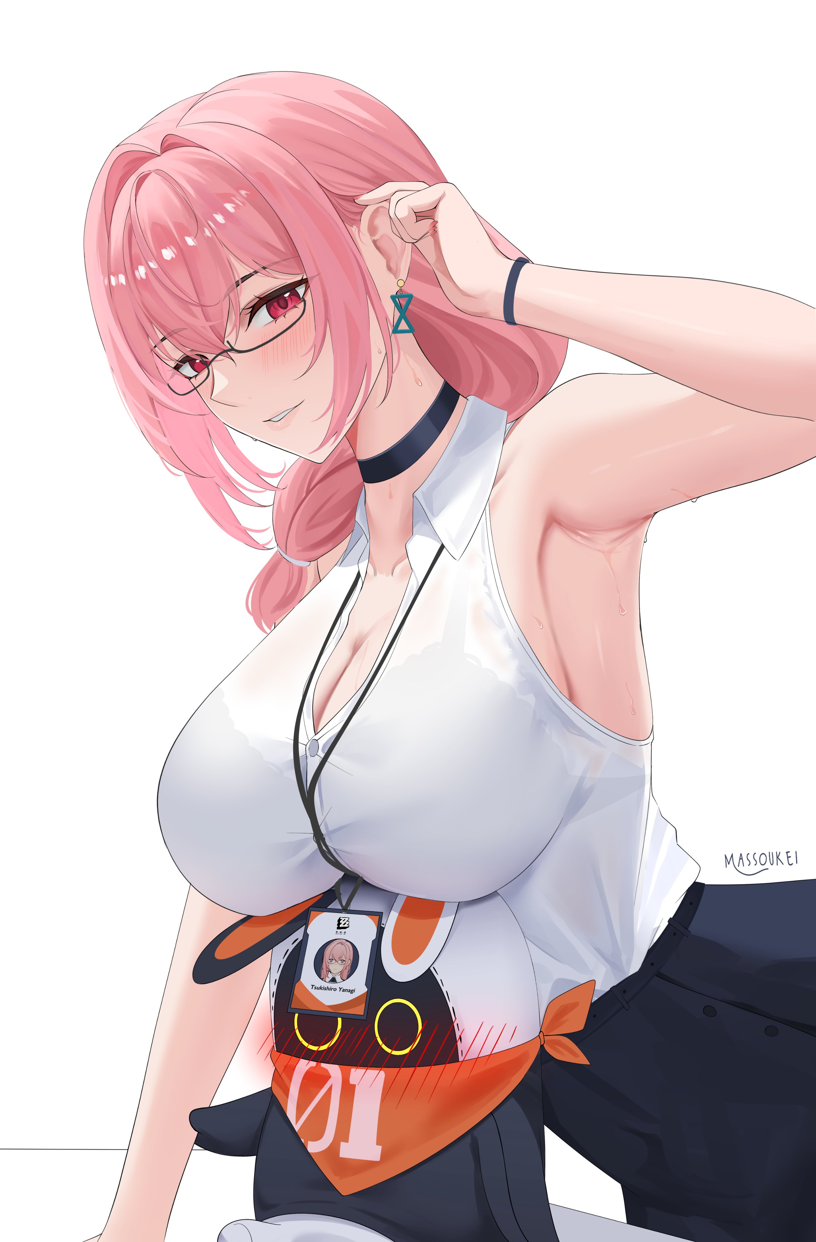 1girls, 1other, 2d, 2d (artwork), absurdres, armpits, artist name, bangboo (zenless zone zero), black choker, blush, breasts, choker, cleavage, commentary, earrings, english commentary, eous (zenless zone zero), female, female focus, female only, glasses, highres, id card, jewelry, large breasts, massoukei, medium hair, pink eyes, pink hair, questionable, shirt, simple background, tsukishiro yanagi, white background, white shirt, zenless zone zero
