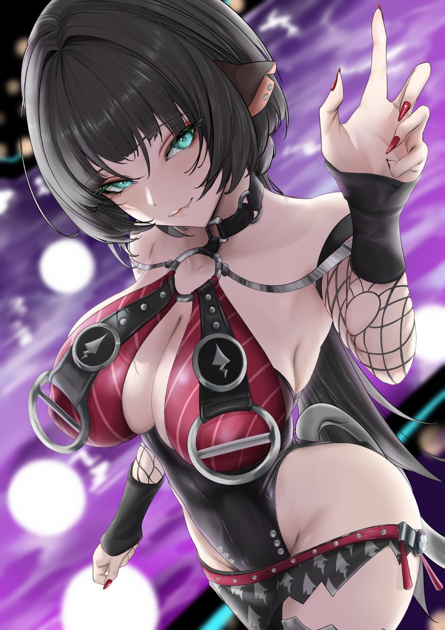 1girls, animal ears, big breasts, black hair, black one-piece swimsuit, black sarong, breasts, commentary request, female, female only, fishnet sleeves, fishnets, green eyes, highres, jane doe (nocturne of light) (zenless zone zero), jane doe (zenless zone zero), large breasts, long hair, looking at viewer, mait, mouse ears, mouse girl, mouse tail, official alternate costume, one-piece swimsuit, pool, red nails, sarong, solo, swimsuit, tail, two-tone one-piece swimsuit, very long hair, zenless zone zero