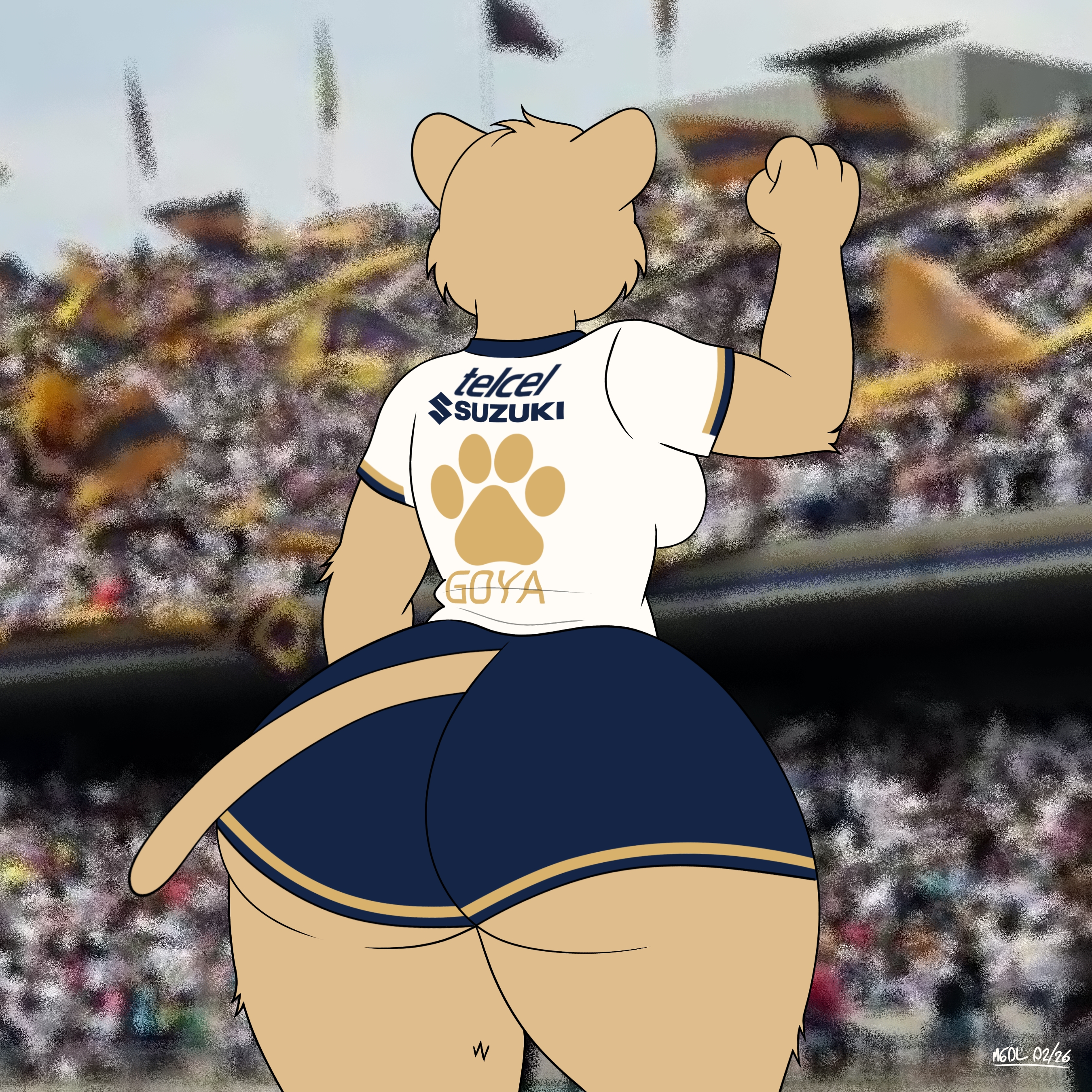 2026, big ass, club universidad nacional, feline, female furry, fist, football, football uniform, furry, furry only, goya (pumasmx), jersey, liga mx, m60lprofanador, mexican, public, puma, pumas unam, shorts, stadium, stadium background, suzuki (brand), tail, telcel