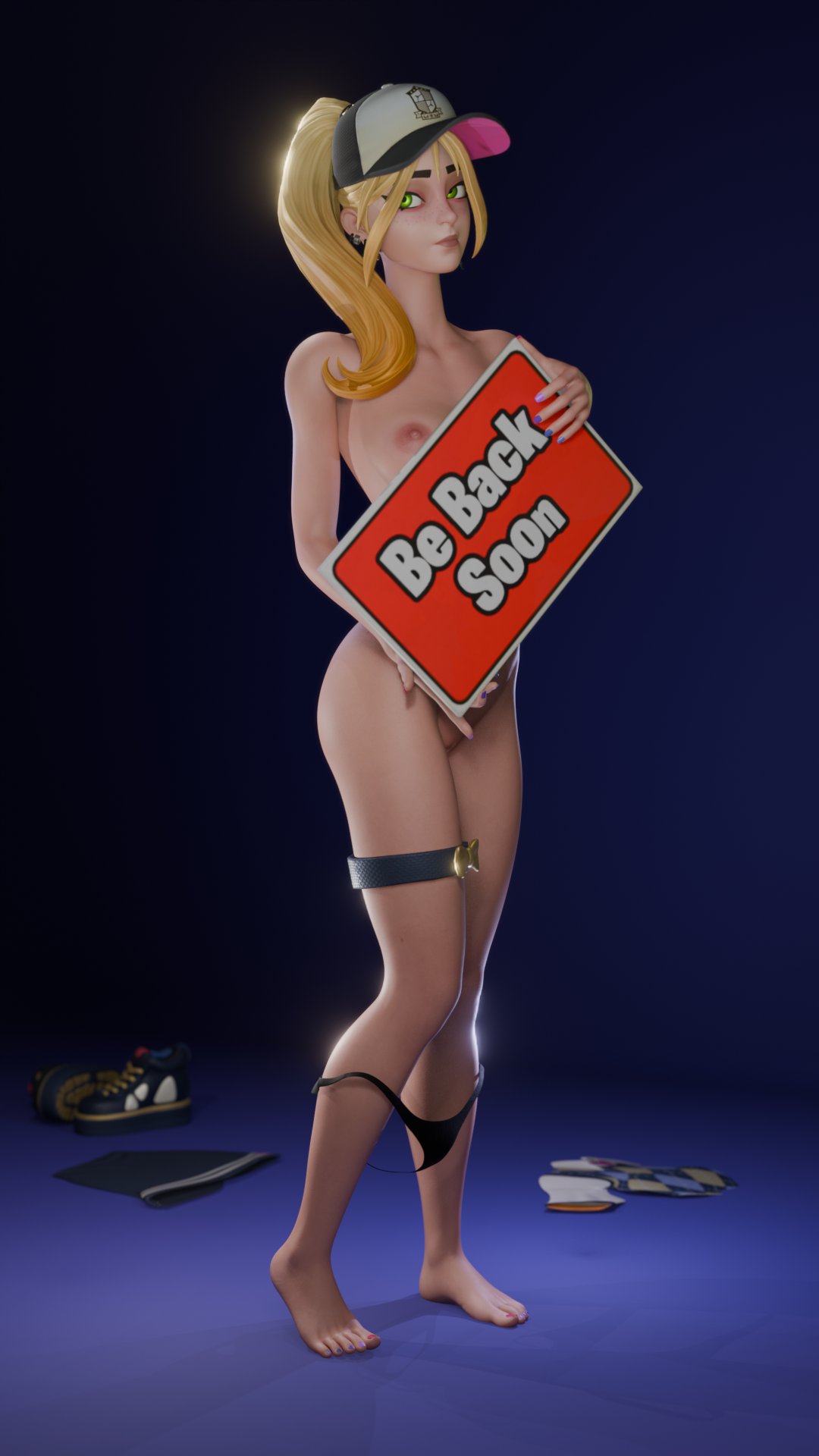 1girls, 2026, 3d, 3d (artwork), areola, areolae, blender, blonde female, blonde hair, breasts, cap, dashyarts, epic games, female, female focus, female only, fortnite, fortnite: battle royale, freckles, freckles on face, green eyes, headwear, helsie (fortnite), holding sign, light skin, light-skinned female, looking at viewer, nipples, nude, nude female, panties, panties down, petite, petite body, petite female, ponytail, removing clothing, sign, simple background, slim waist, watermark