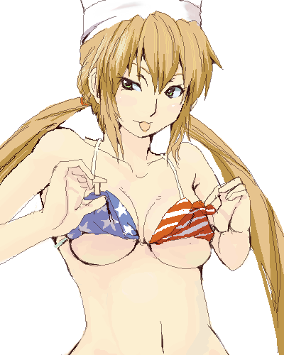 1girls american_flag american_flag_bikini bikini blonde_hair breasts chef_hat female flag_print green_eyes hat lowres monica_adenauer oekaki solo swimsuit tied_hair toque_blanche twintails underboob yakitate!!_japan