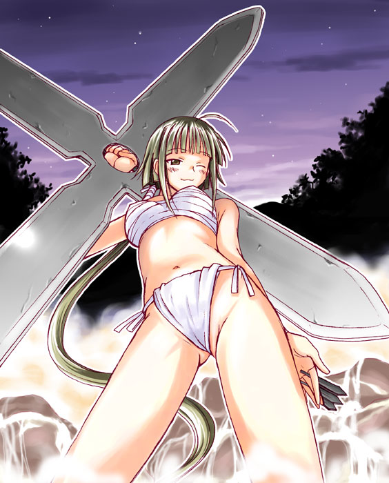 1girls artist_request blush chest_wraps female fundoshi mahou_sensei_negima! medium_breasts nagase_kaede ninja panties sarashi solo underwear wink