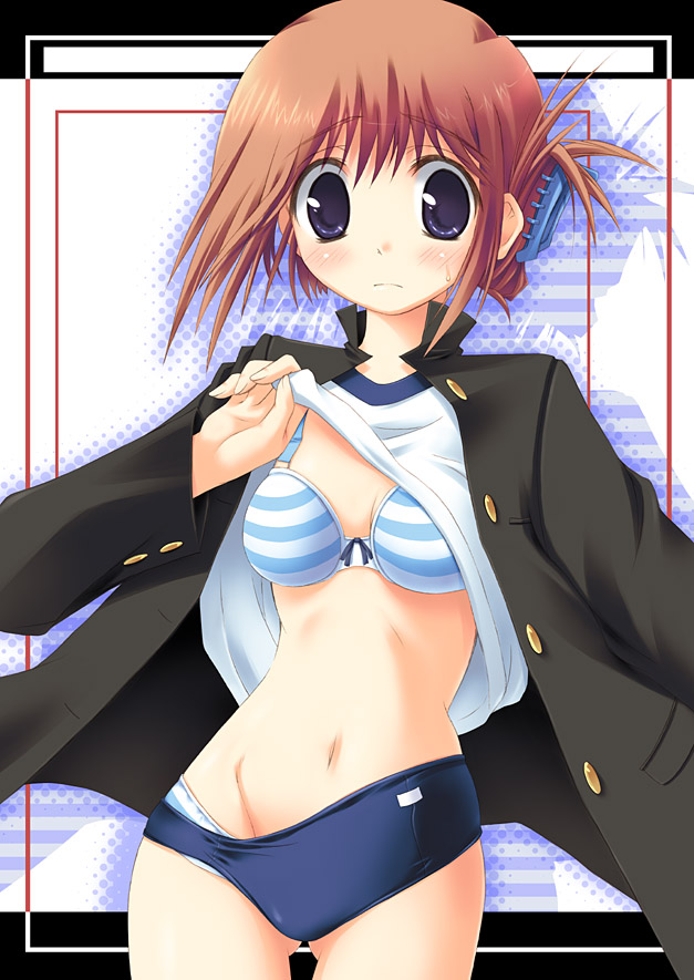 blush bra buruma clothing gakuran gym_uniform hair_ornament komaki_manaka kouzuki_hajime lingerie open_clothes open_jacket panties school_uniform serafuku solo striped striped_bra striped_panties sweatdrop to_heart_(series) to_heart_2 underwear undressing