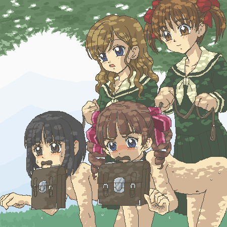 4girls aliasing all_fours bag bitch_taken_for_walk blue_eyes blush bondage breasts brown_eyes brown_hair collar drill_hair female femdom femsub grey_eyes hair_ribbon hard_pixels humiliation kasuga39 leash leash_pull lowres maria-sama_ga_miteru mouth_hold multiple_girls nipples noriko_nijou nude oekaki outdoors pet pet_play ribbon school_bag school_uniform shimako_toudou slave sweat tied_hair touko_matsudaira tree twintails yumi_fukuzawa yuri