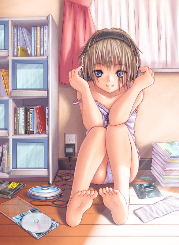 barefoot blue_eyes bob_cut book bookshelf brown_hair cd chemise curtains cute feet headphones inou_shin knees_on_chest leaning_back original panties short_hair sitting smile solo squatting strap_slip sunlight toes underwear white_panties window wooden_floor