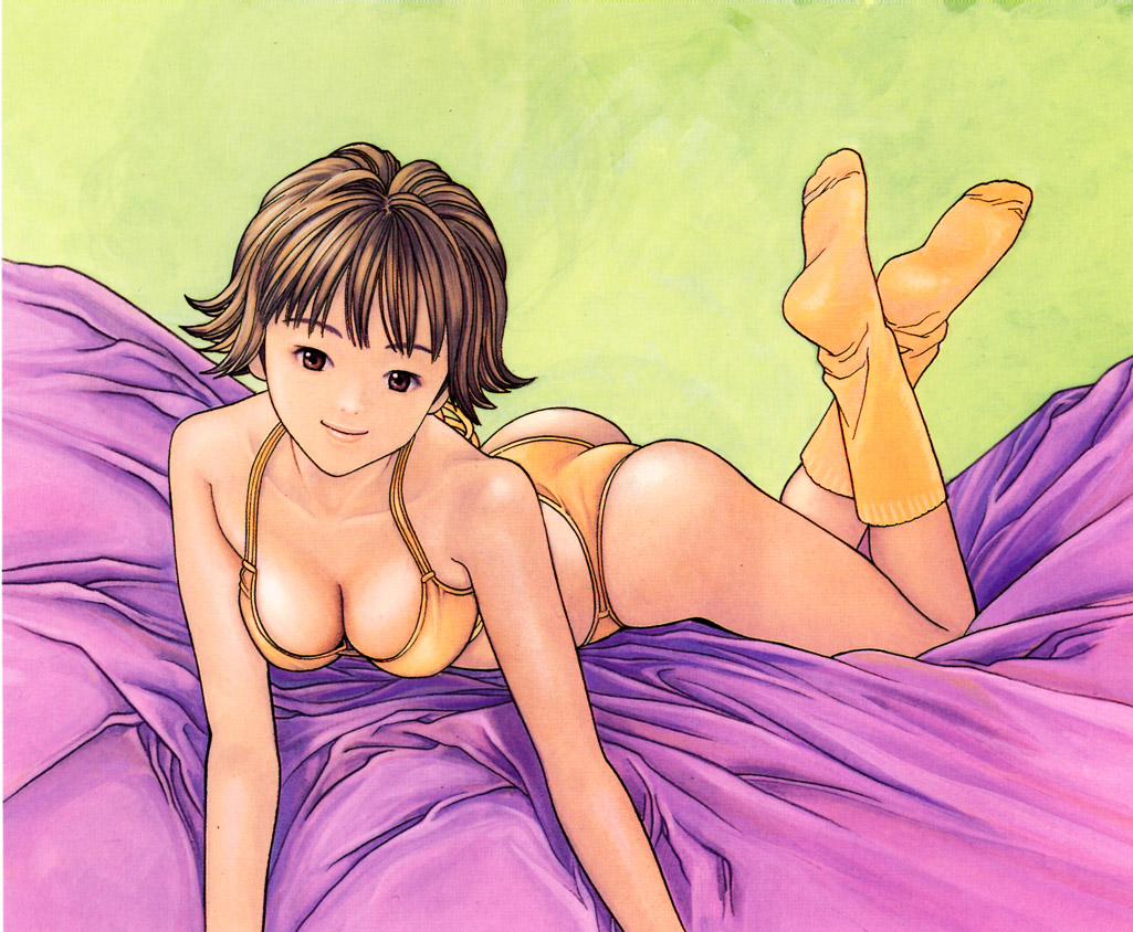 1girls akiba_itsuki ass bed bikini bra breasts brown_eyes brown_hair cleavage female footwear i"s katsura_masakazu lingerie loose_socks lying on_stomach orange_panties panties short_hair smile socks solo swimsuit underwear yellow_bra yellow_panties yellow_socks