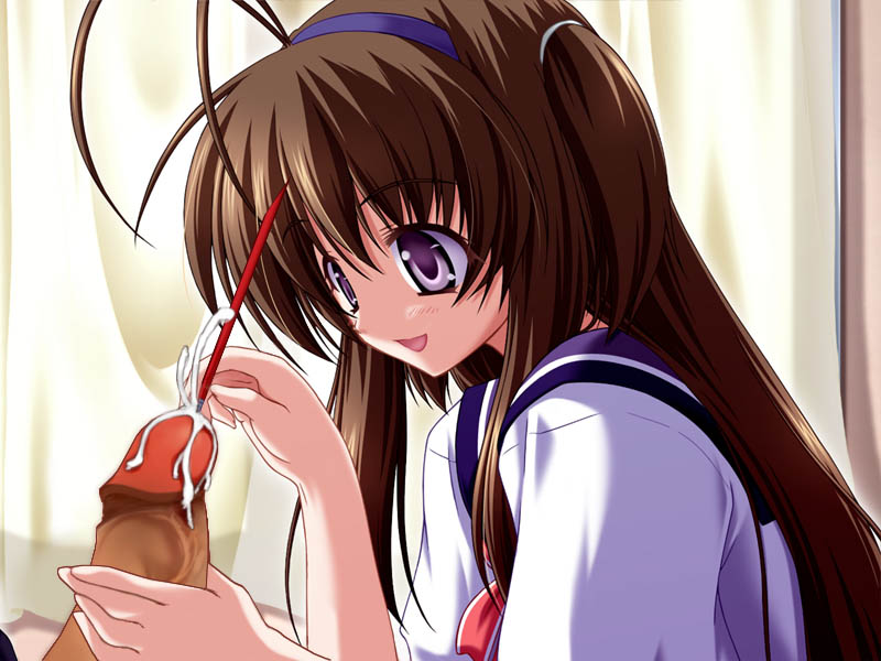 1boy 1girls antenna_hair art_brush brown_hair brush cum femdom game_cg hairband handjob insertion kazami_haruki male_urethral_insertion mimikaki nozaki_mai osananajimi_na_kanojo paintbrush paintbrushjob penis purple_eyes school_uniform seifuku serafuku smile sounding straight uncensored urethral_insertion