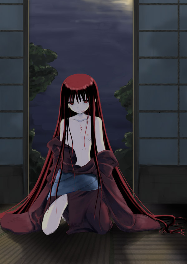 1girls bare_shoulders blood female flat_chest japanese_clothes kimono kneeling long_hair moon night open_kimono red_eyes red_hair solo tohno_akiha toono_akiha tree tsukihime type-moon undressing very_long_hair