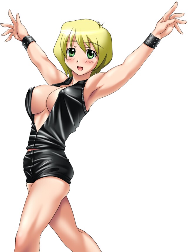 armpits arms_up ass blonde_hair blush bracelet breasts cleavage cosplay crossdressing crossover crossplay erect_nipples erstin_ho green_eyes hard_gay jewelry large_breasts mai_otome my-otome nipples outstretched_arms parody sanshita short_hair simple_background skindentation white_background