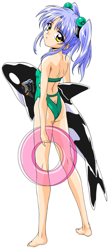 ass back bare_shoulders blue_hair butt_crack casual_one-piece_swimsuit cetacean inflatable_orca innertube killer_whale looking_back martian_successor_nadesico one-piece_swimsuit orca ruri_hoshino solo swimsuit tied_hair twintails whale white_background yellow_eyes